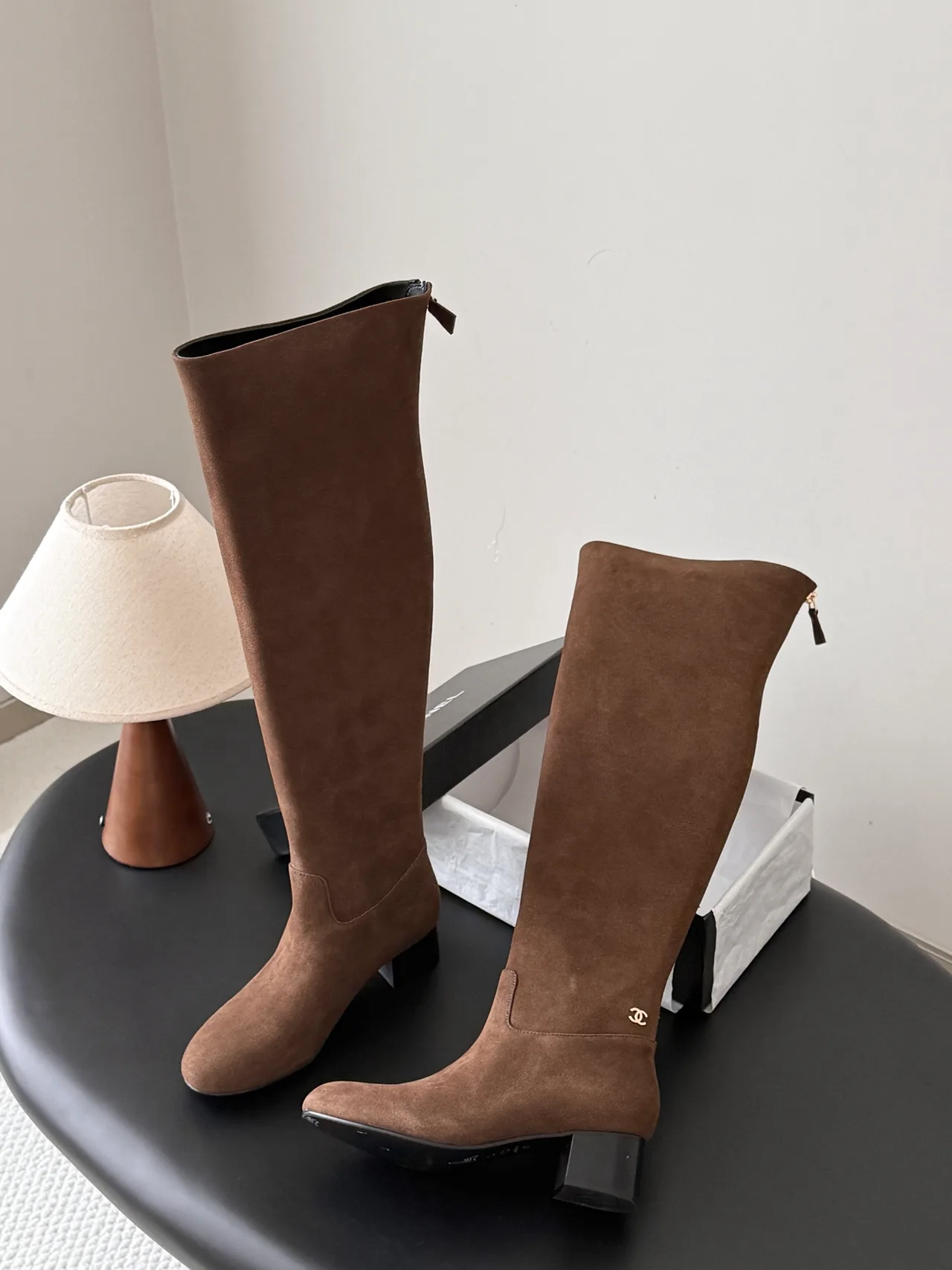 Chanel Sheepskin Glossy Suede-Look Pointed-Toe Knee-High Boots in Brown · view 4