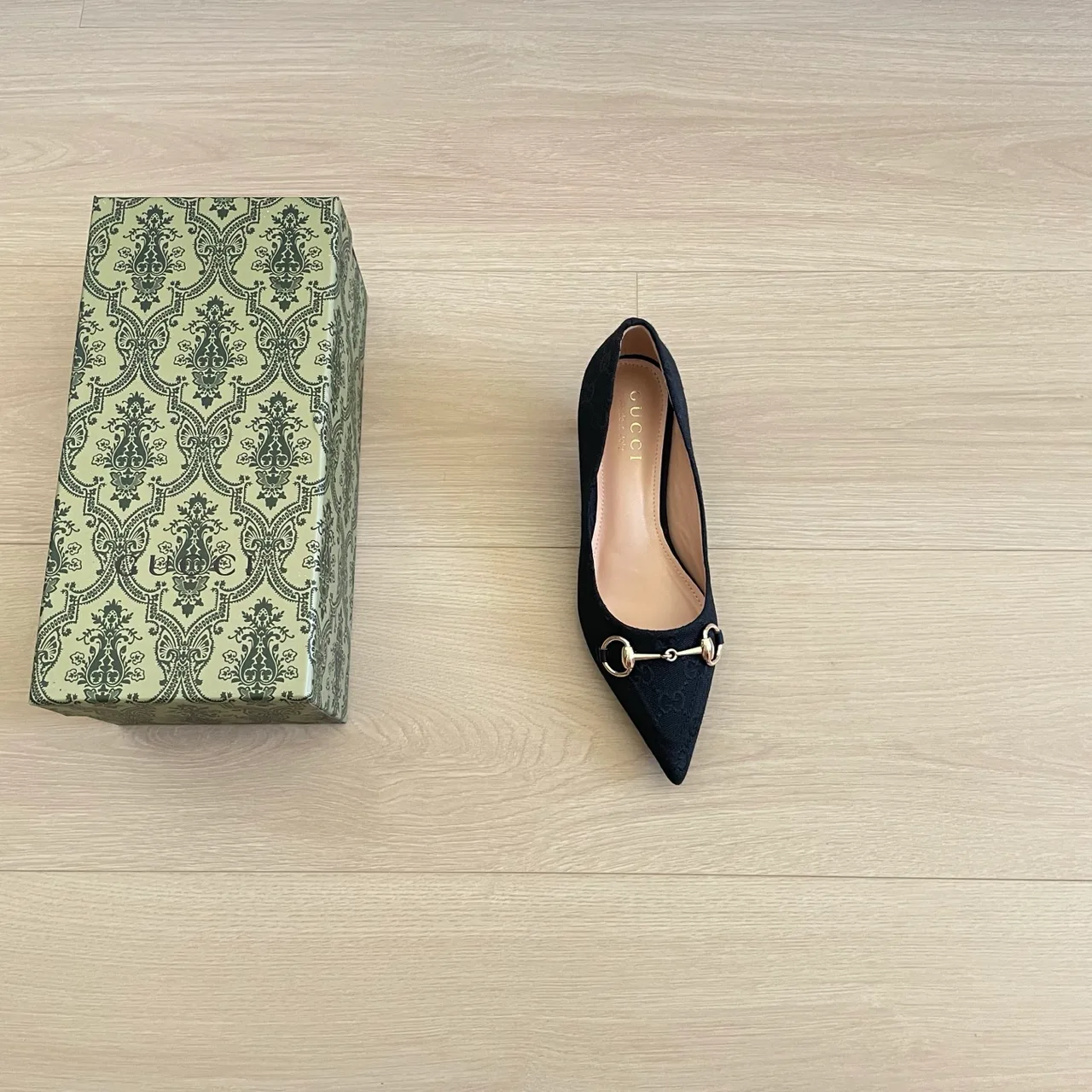Gucci Canvas Pointed-Toe Buckle Horsebit Kitten Heel Pumps in Black · view 7