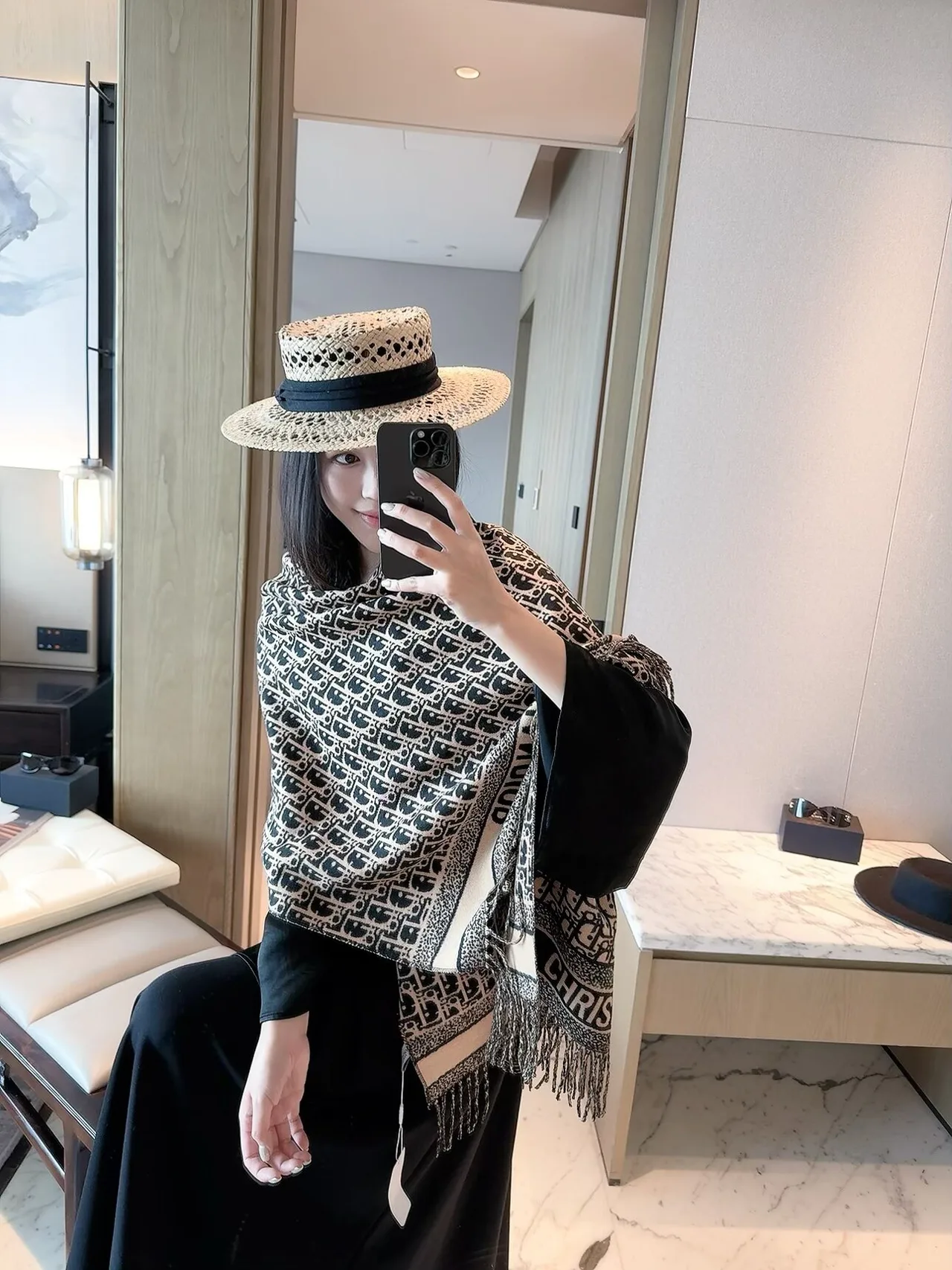 Dior Oblique Fringed Scarf in Tan & Black · view 6