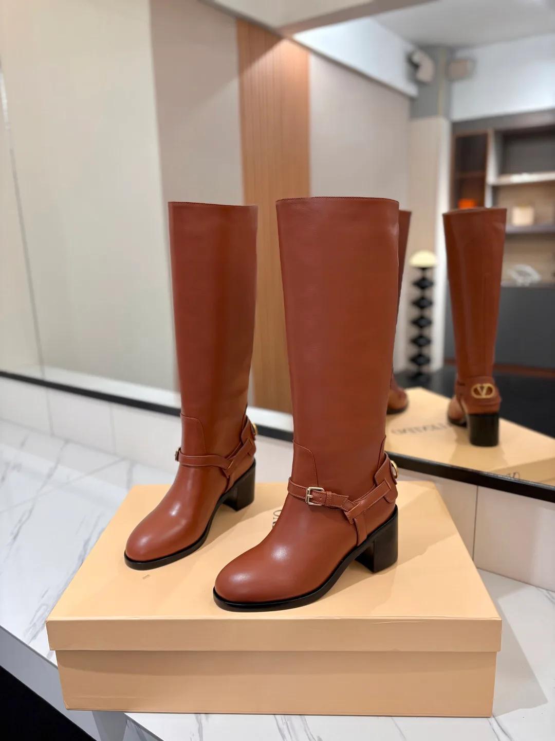 Valentino Calfskin Knee-High Boots in Brown · view 2