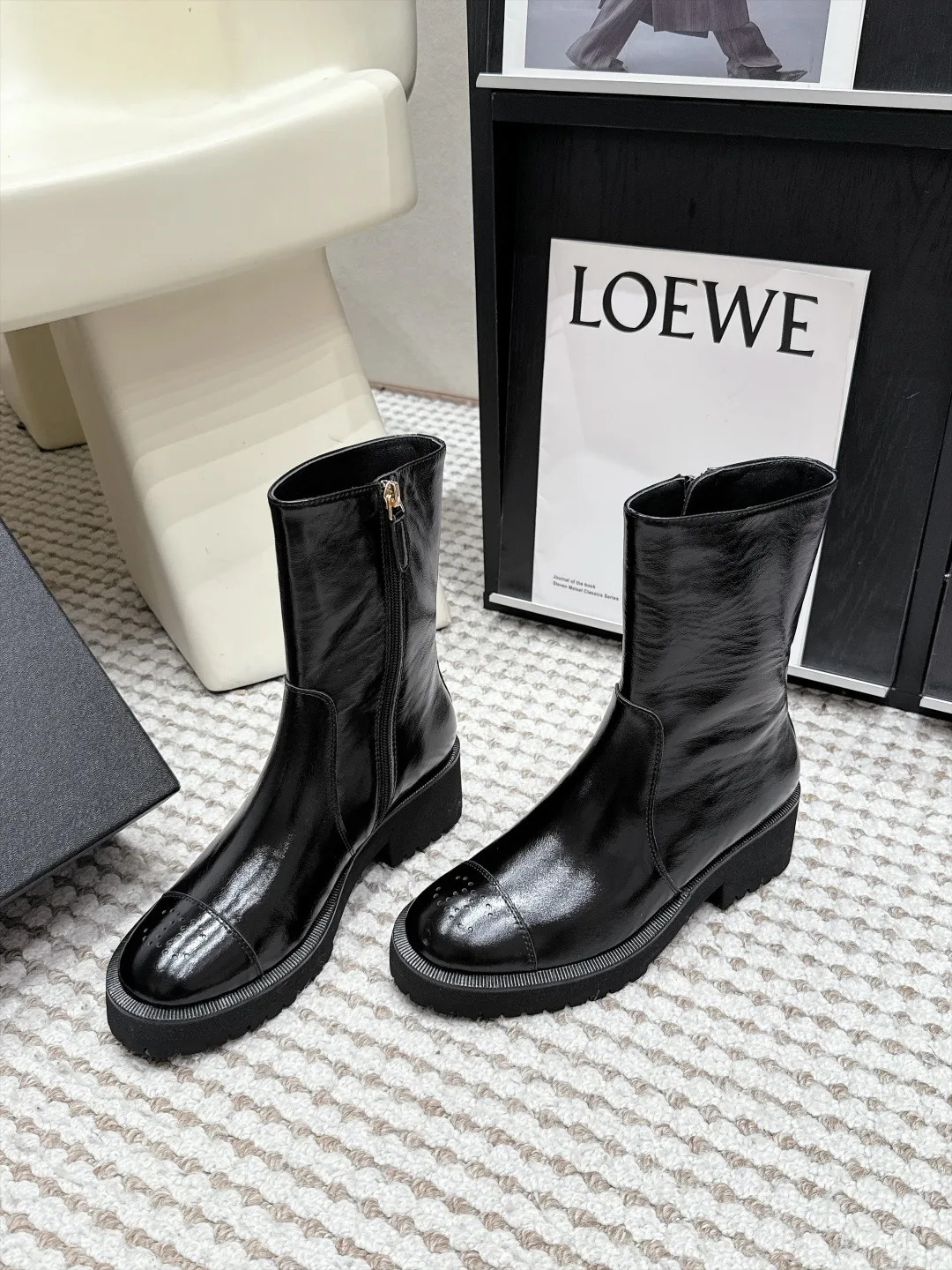 Loewe Cowhide Glossy Round-Toe Ankle Boots in Black · view 3