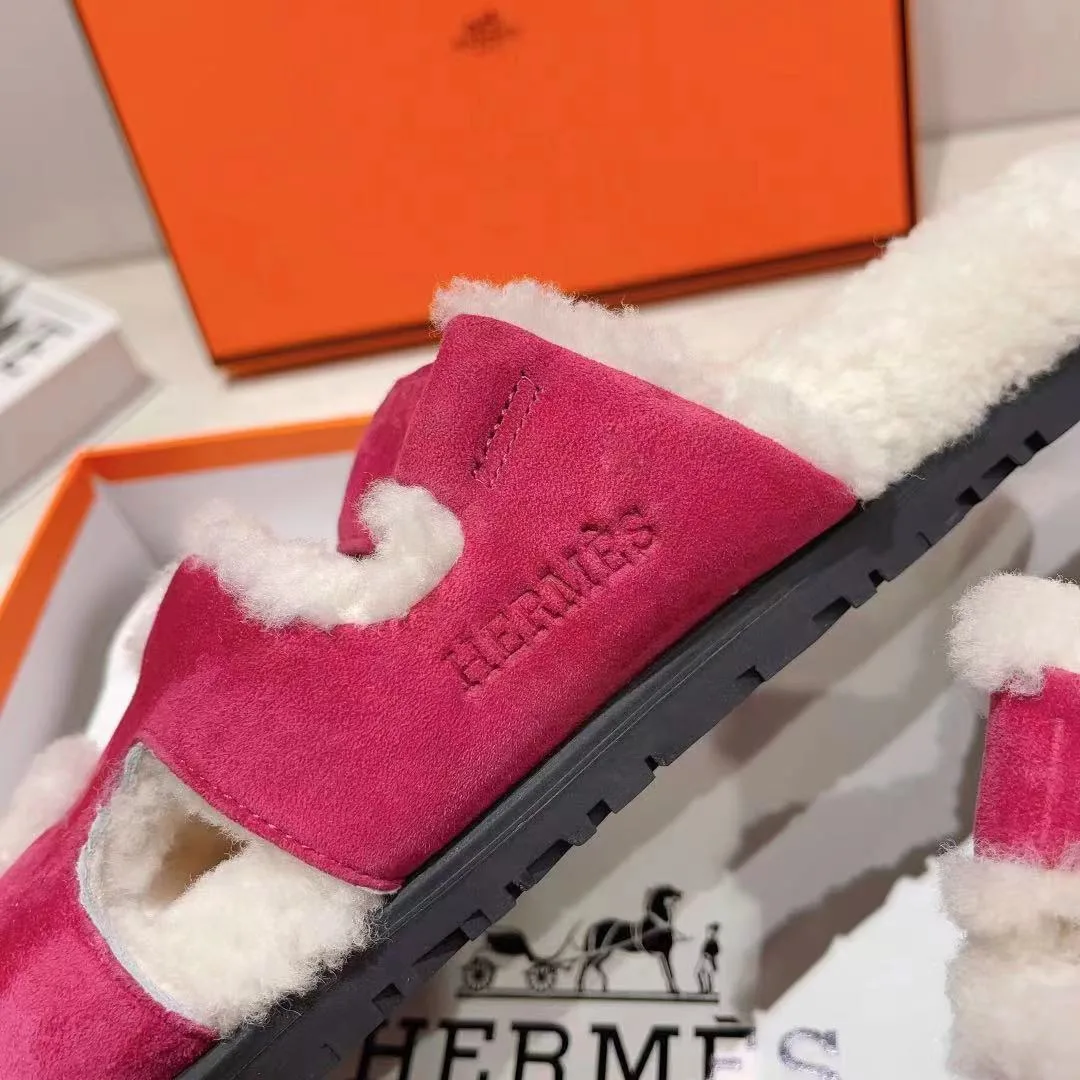 Hermes Sheepskin Chypre Shearling Slides in Pink · view 7