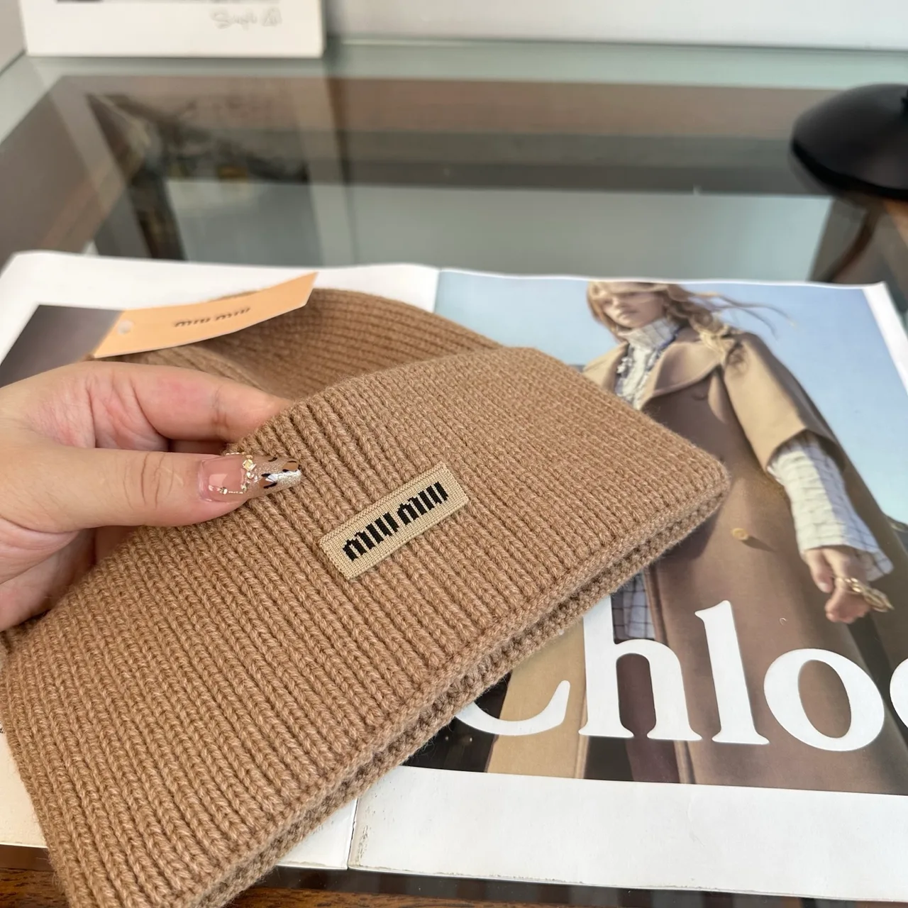 Miu Miu Ribbed Beanie in Tan · view 7