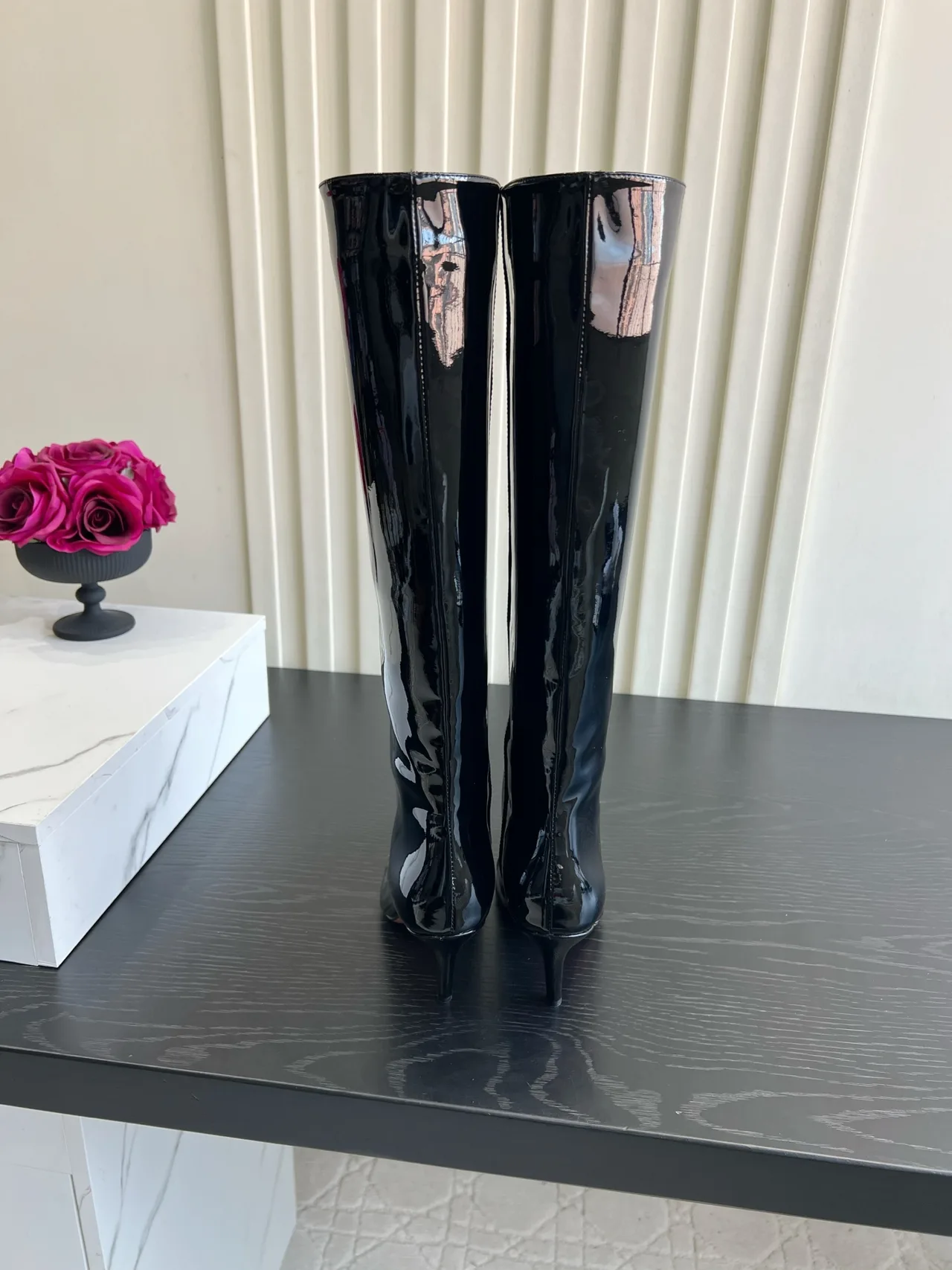 Amina Muaddi Cowhide Glossy Pointed-Toe Knee-High Boots in Black · view 3