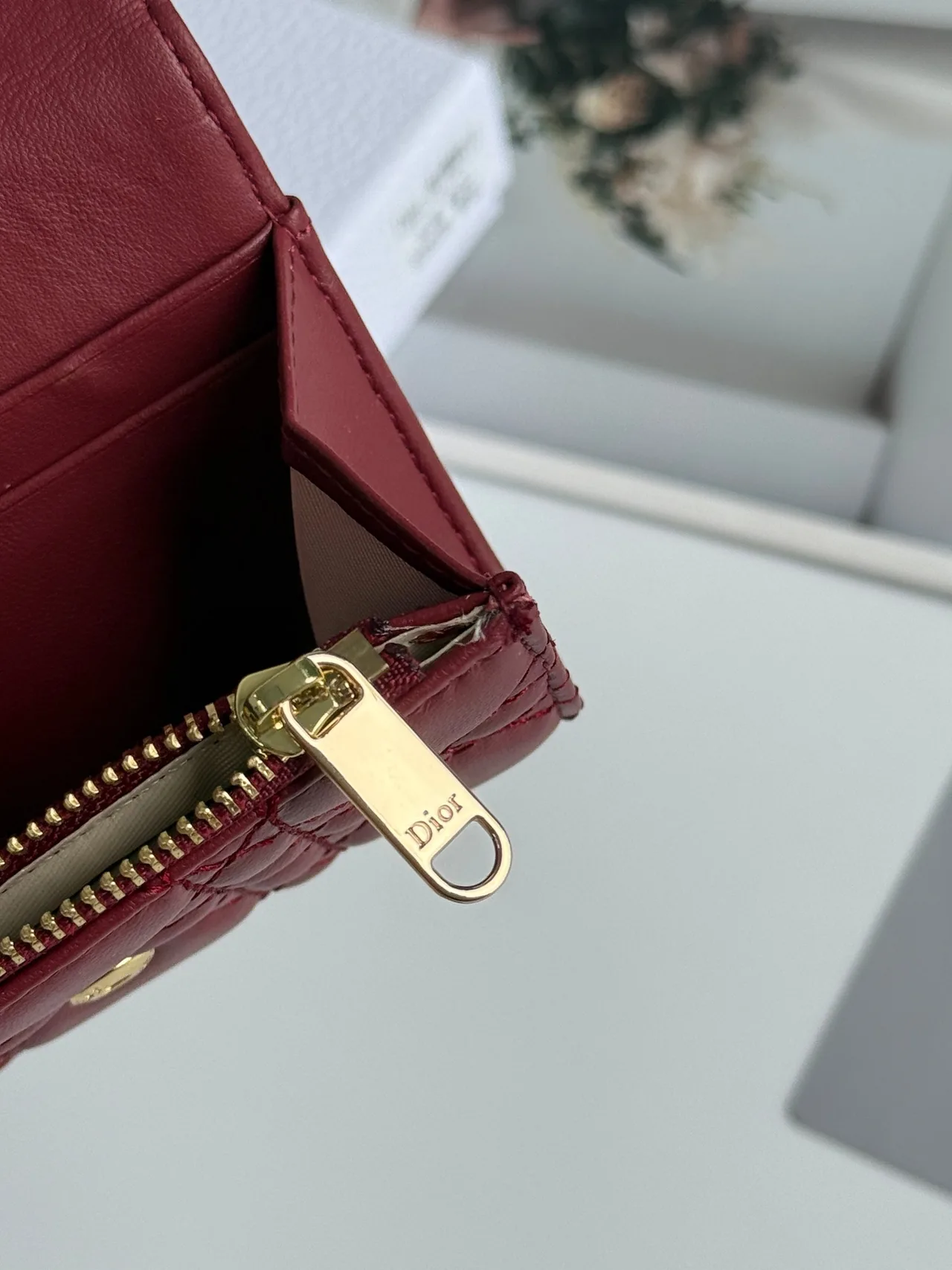 Dior Calfskin Smooth Quilted Wallet in Burgundy · view 6