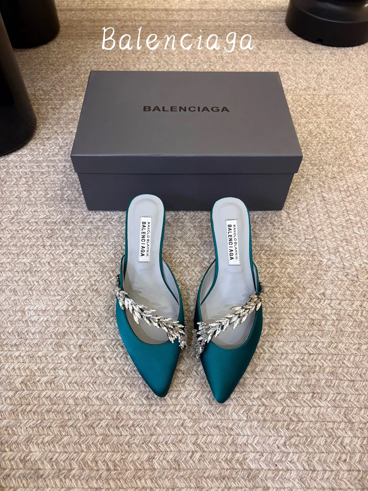 Balenciaga Silk Glossy Pointed-Toe Heeled Mules in Green · view 1