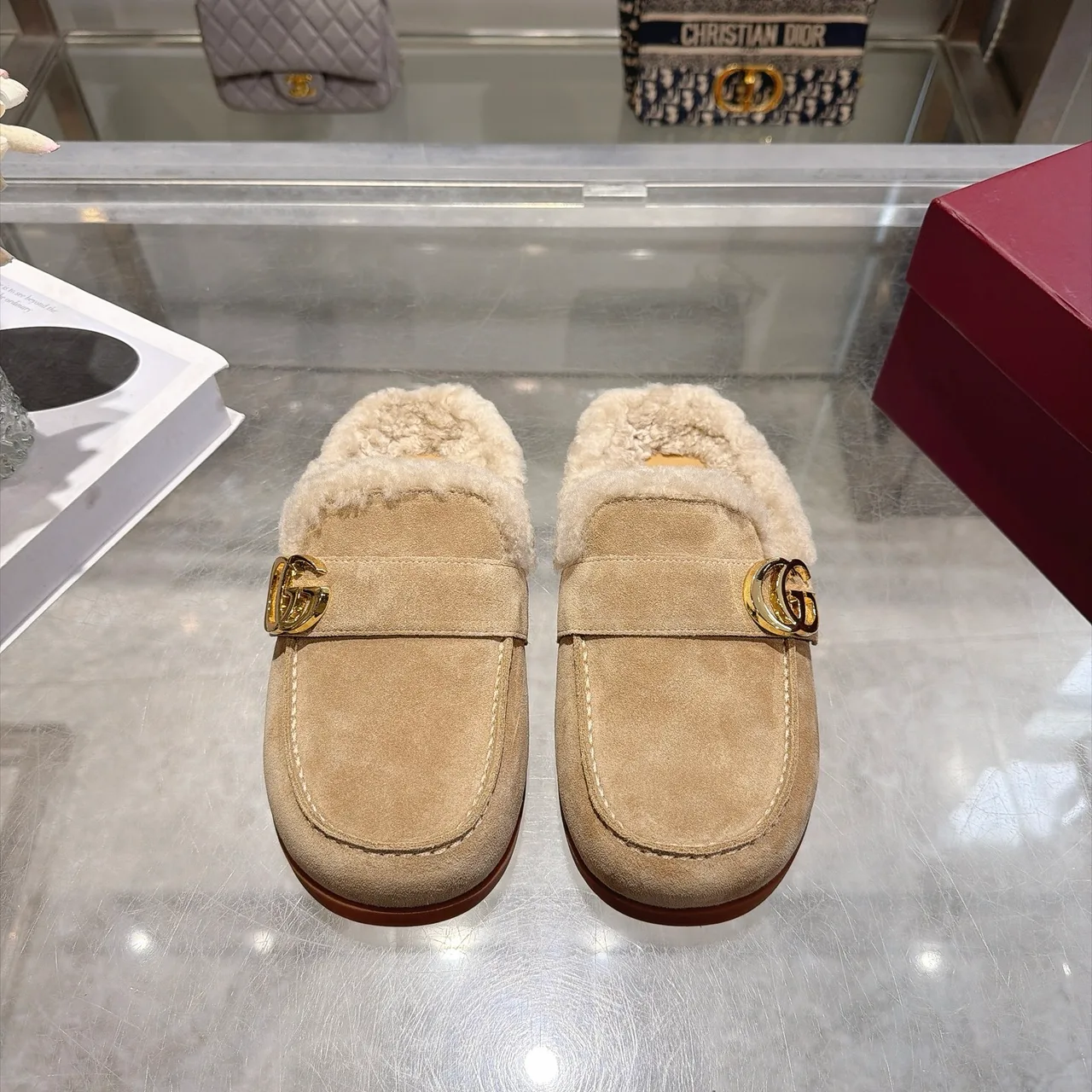 Gucci Cowhide Wool Suede-Look Slippers in Beige · view 2