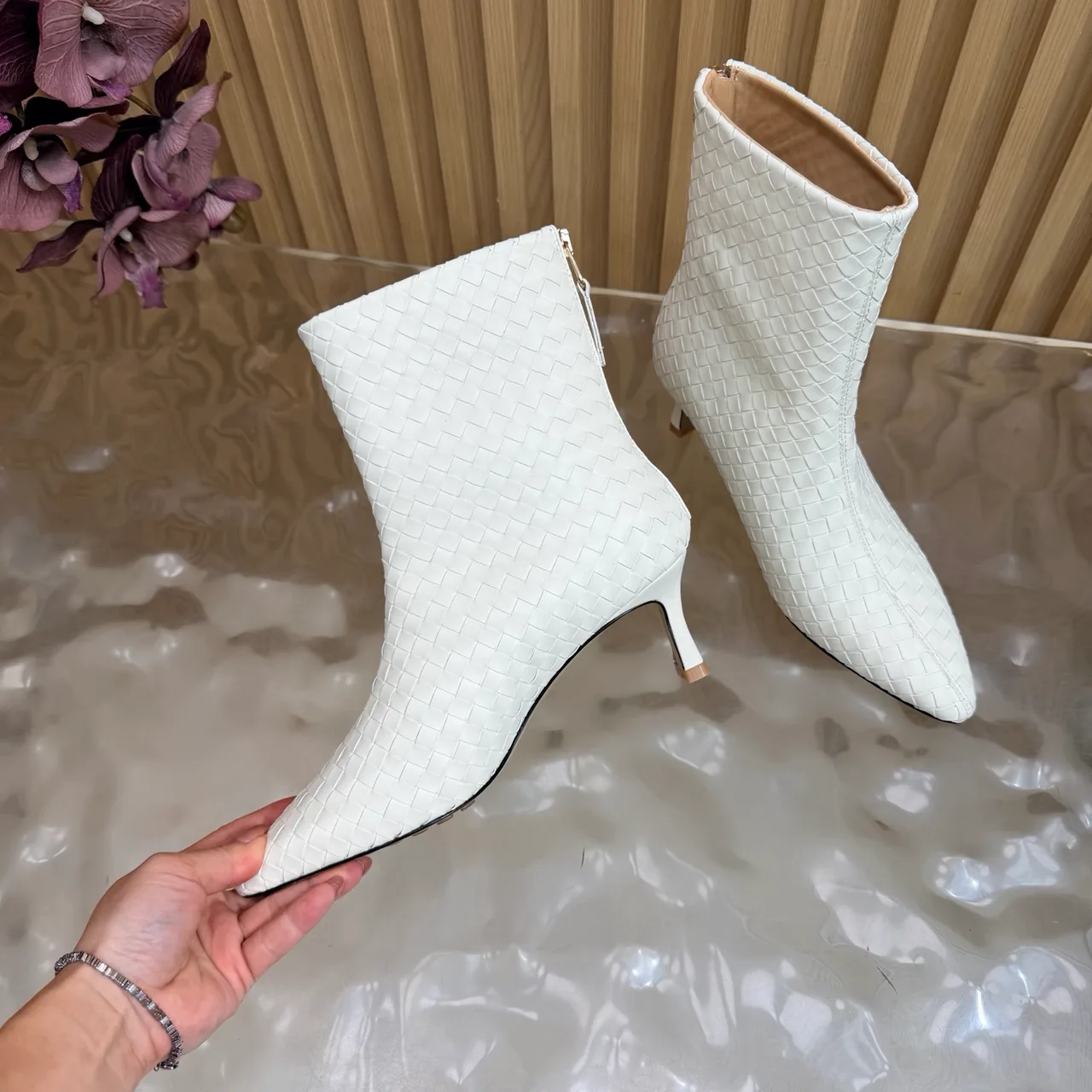 Bottega Veneta Pointed-Toe Woven Ankle Boots in White · view 7