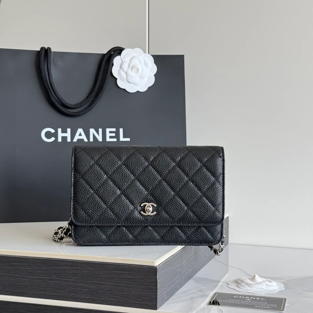Chanel Calfskin Quilted Chain Wallet in Black · view 1