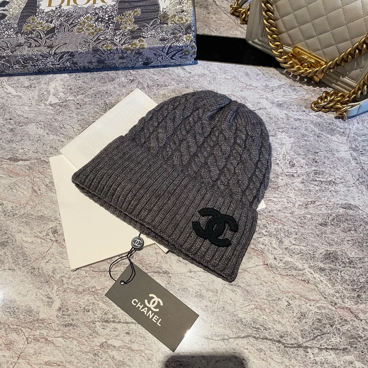 Chanel Cable-knit CC beanie in Black & White & Beige & Tan & Grey · view 5