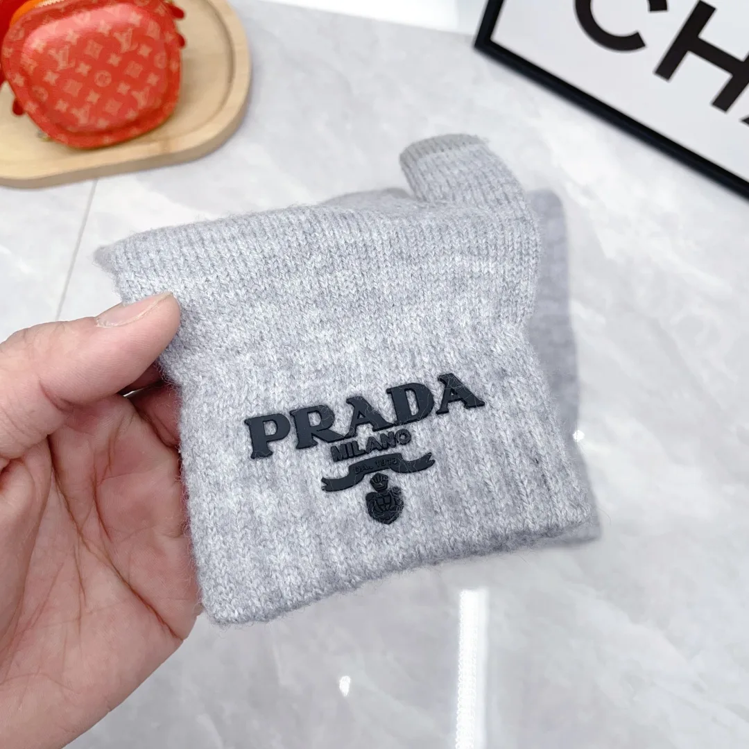 Prada Wool Ribbed Embroidered Hat Scarf and Gloves Set in Grey · view 8
