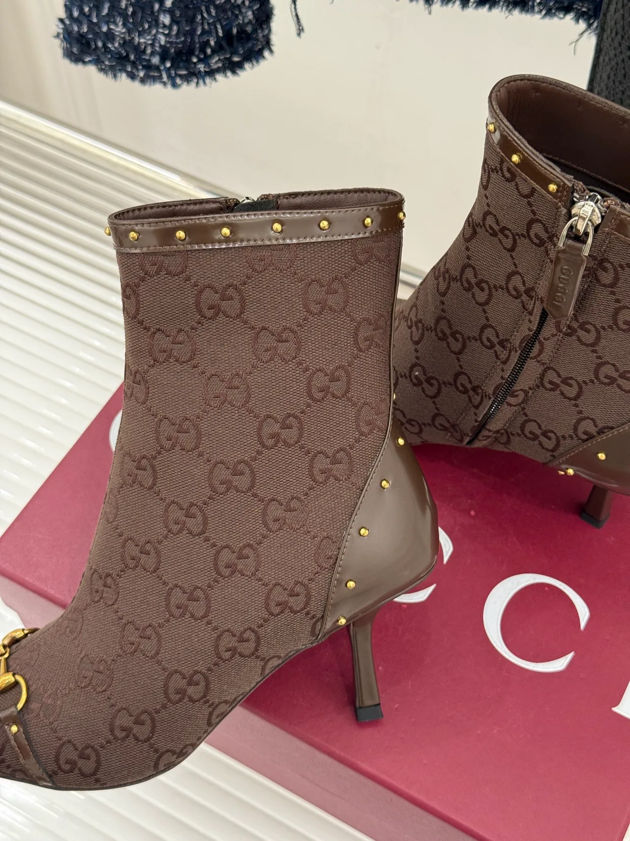 Gucci Sheepskin Canvas Ankle Boots in Brown · view 7