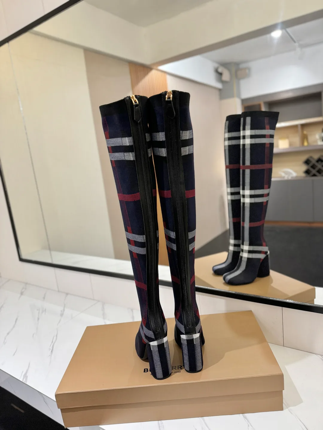 Burberry Ribbed Check Knee-High Boots in Blue · view 6