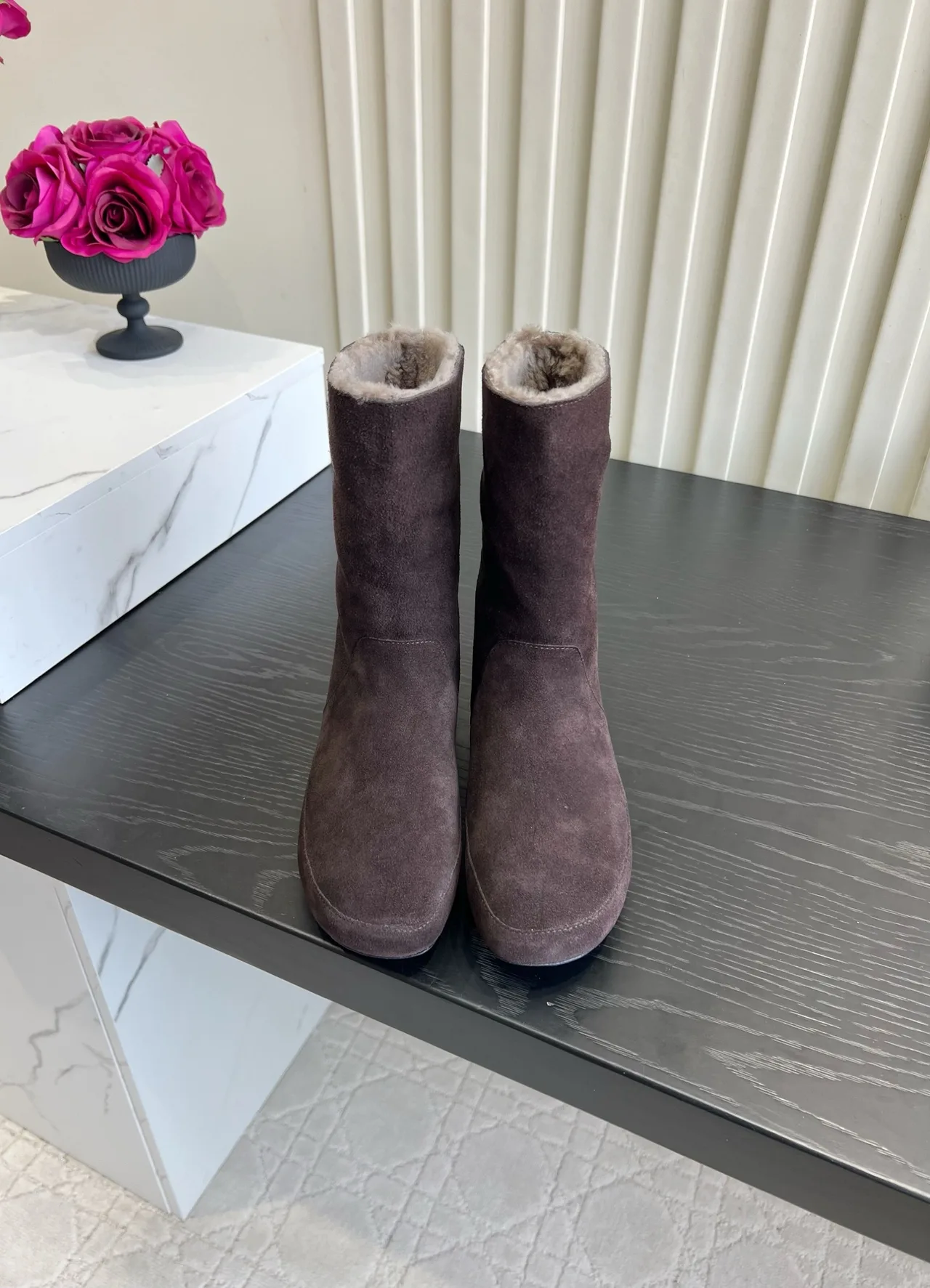 The Row Cowhide Suede-Look Fur-Lined Mid-Calf Boots in Brown · view 1