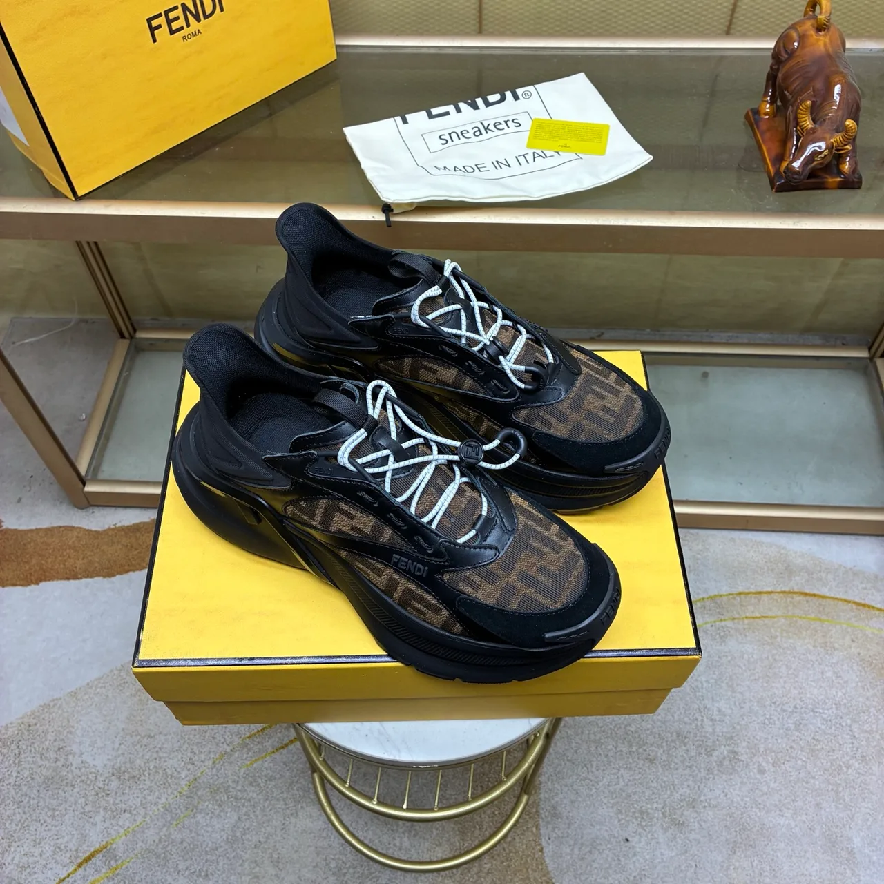 Fendi Smooth Round-Toe Sneakers in Black · view 3
