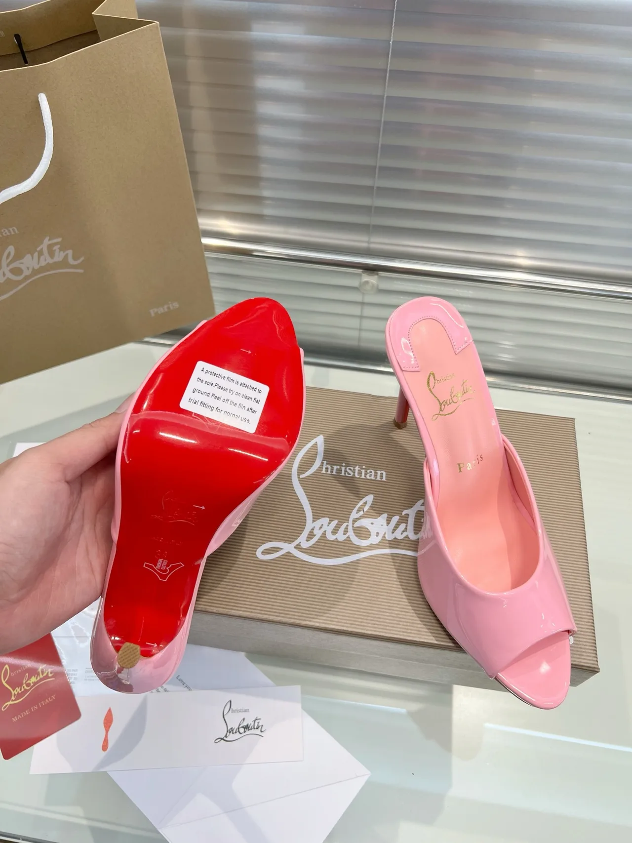 Christian Louboutin Open-toe heeled mules in Pink & Burgundy & Black & Blue & White · view 6