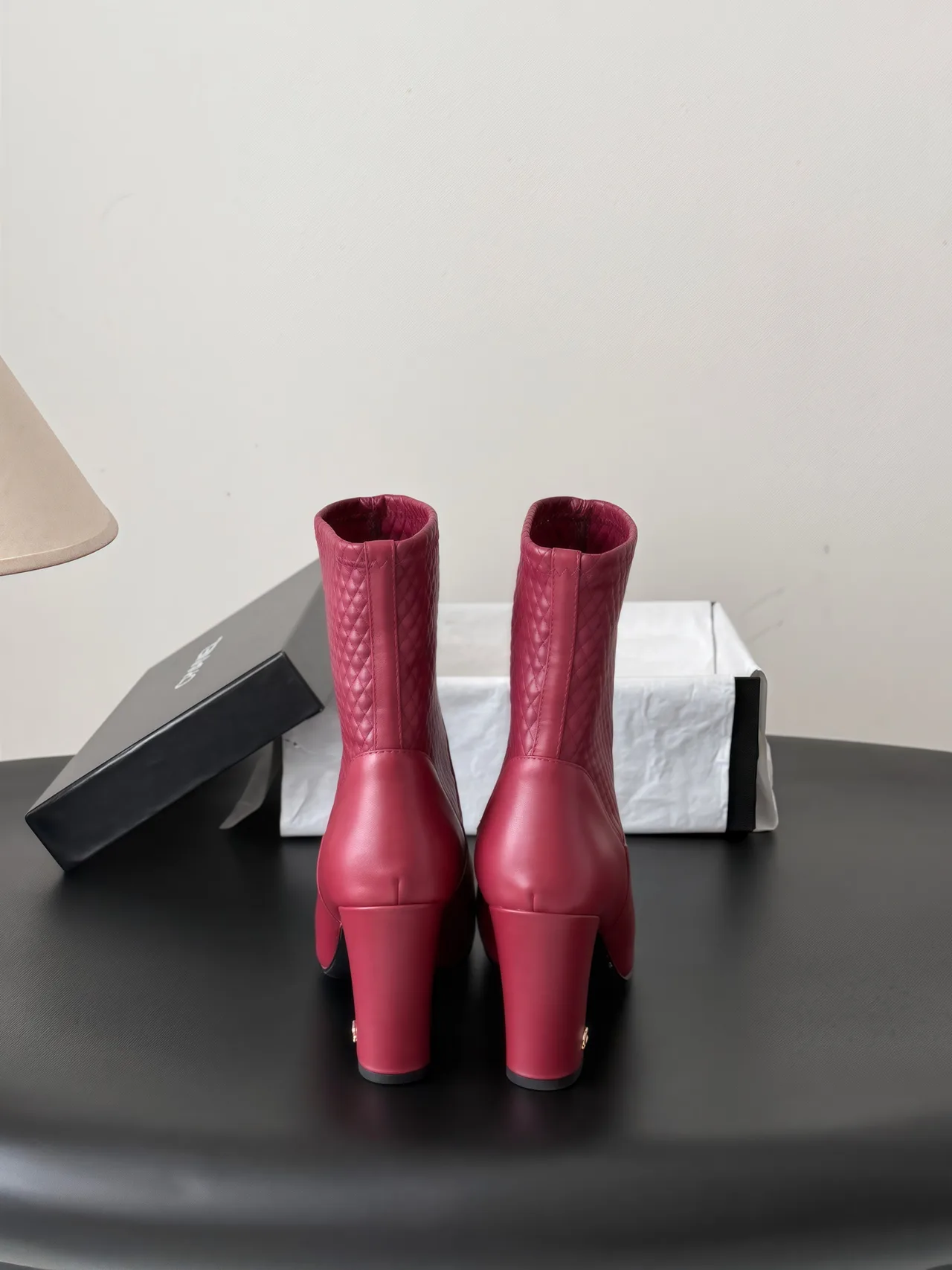 Chanel Cowhide Quilted Glossy Pointed-Toe Ankle Boots in Burgundy · view 5