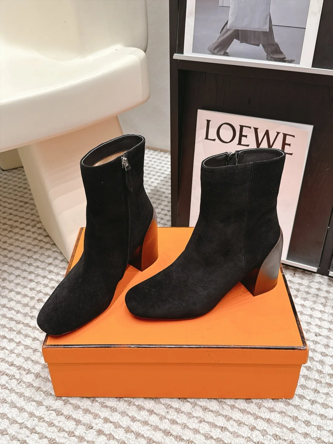 Loewe Suede-Look Square-Toe Ankle Boots in Black · view 3