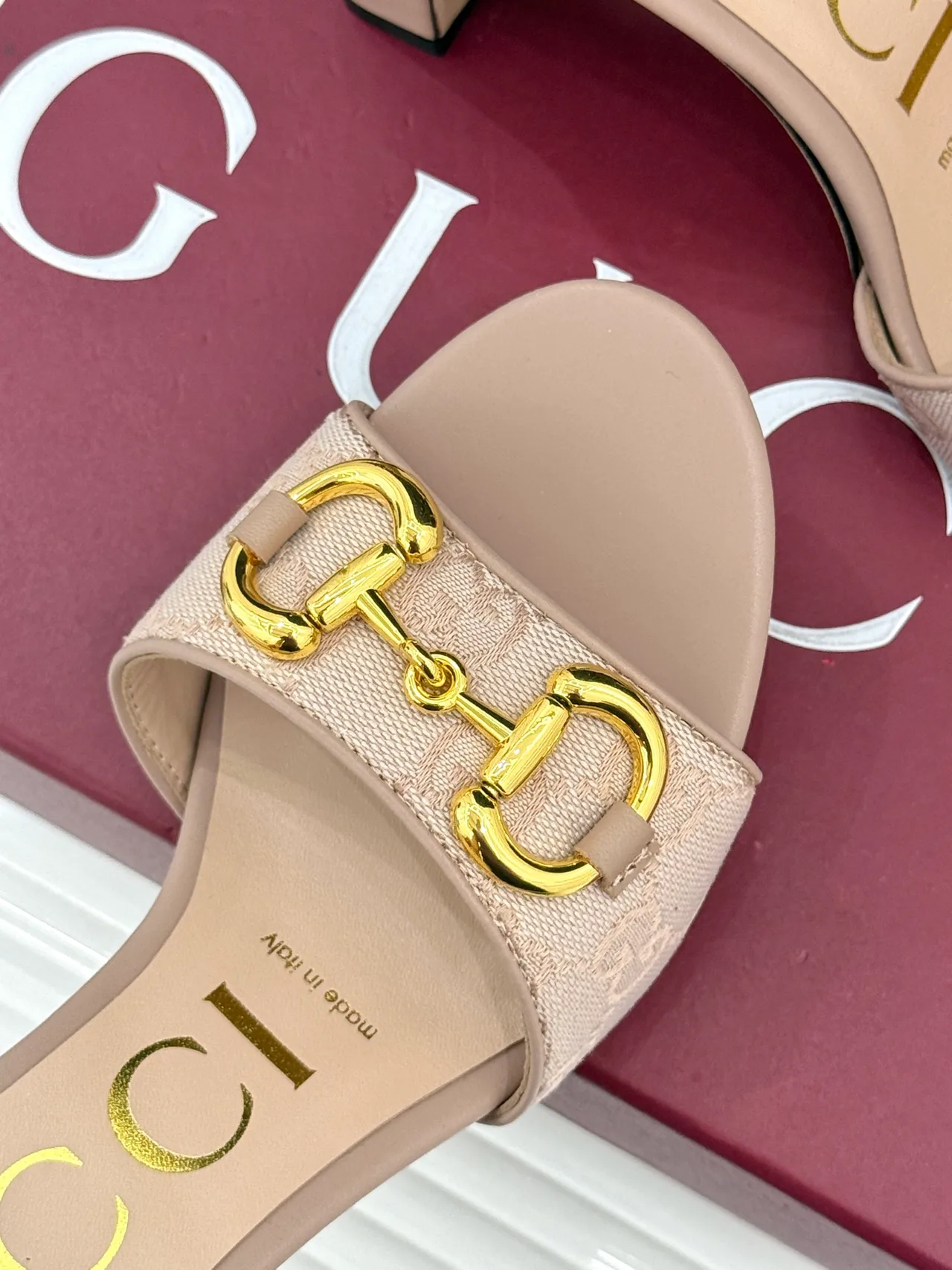 Gucci Canvas Denim Buckle Heeled Mules in Beige · view 7