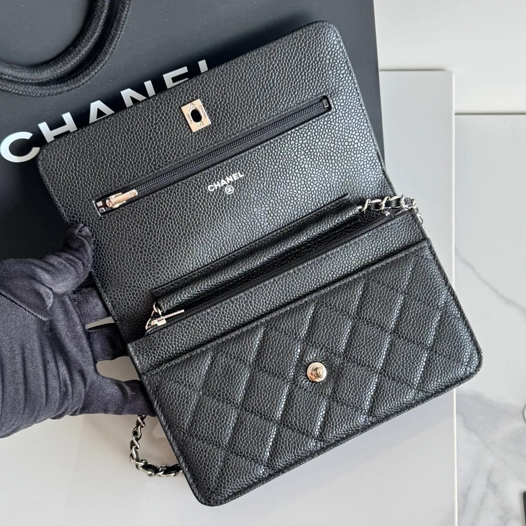 Chanel Calfskin Quilted Chain Wallet in Black · view 8