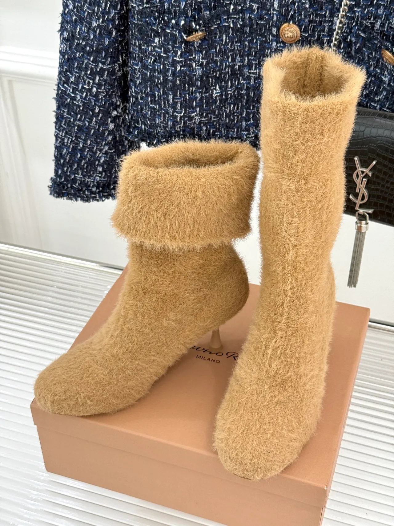 Gianvito Rossi Wool Fuzzy Ankle Boots in Beige · view 2