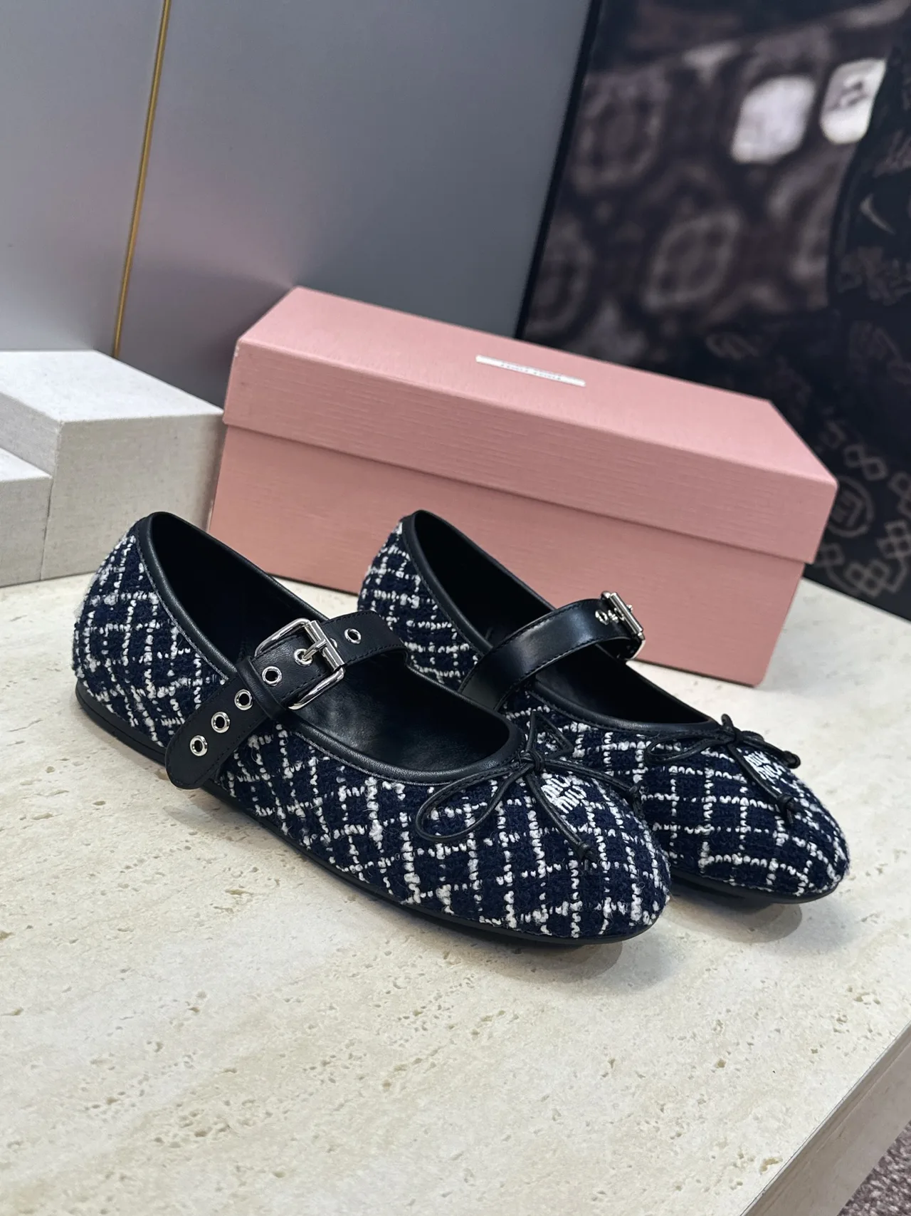 Miu Miu Calfskin Check Buckle Mary Jane Flats in Blue · view 1