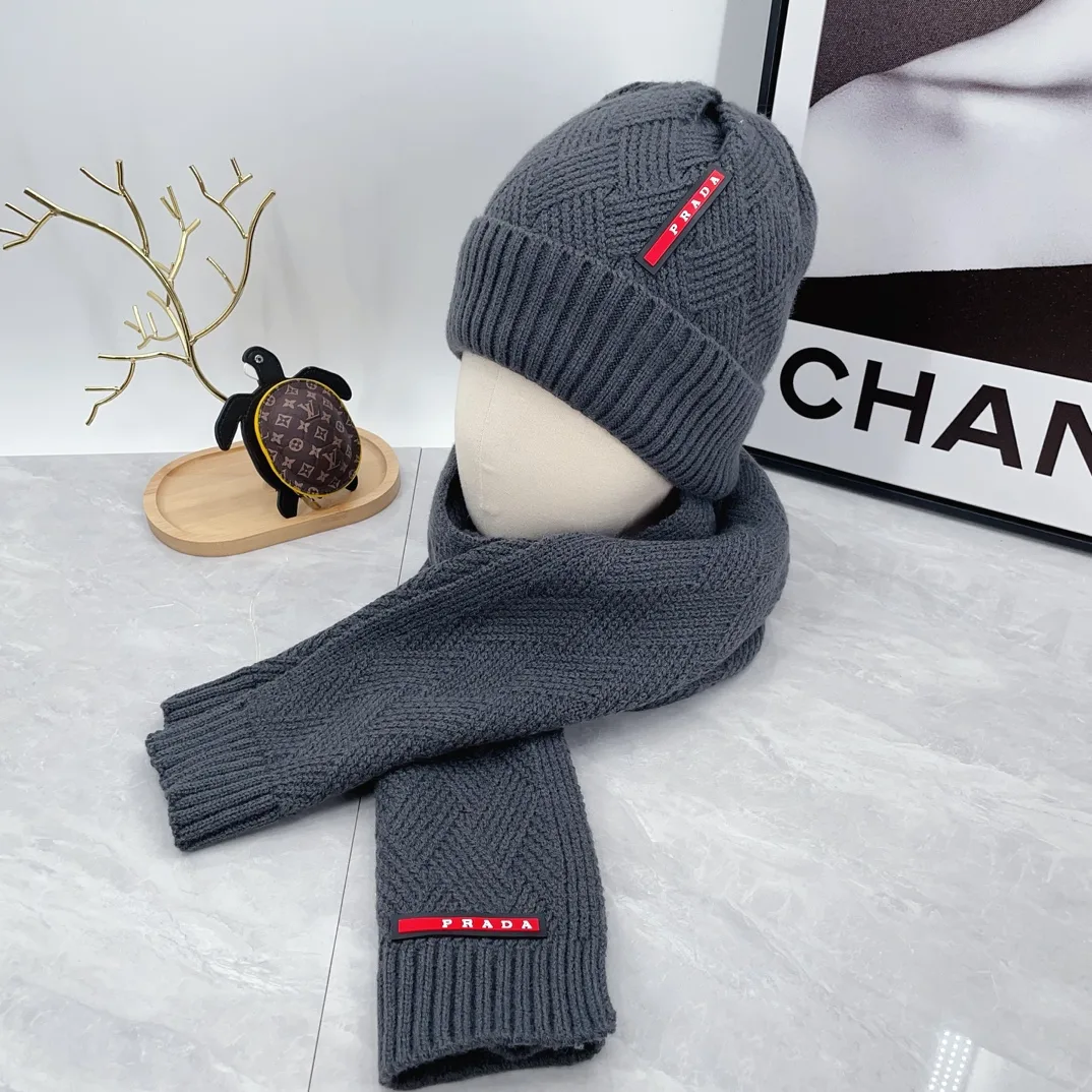 Prada Ribbed Beanie and Scarf Set in Grey · view 1