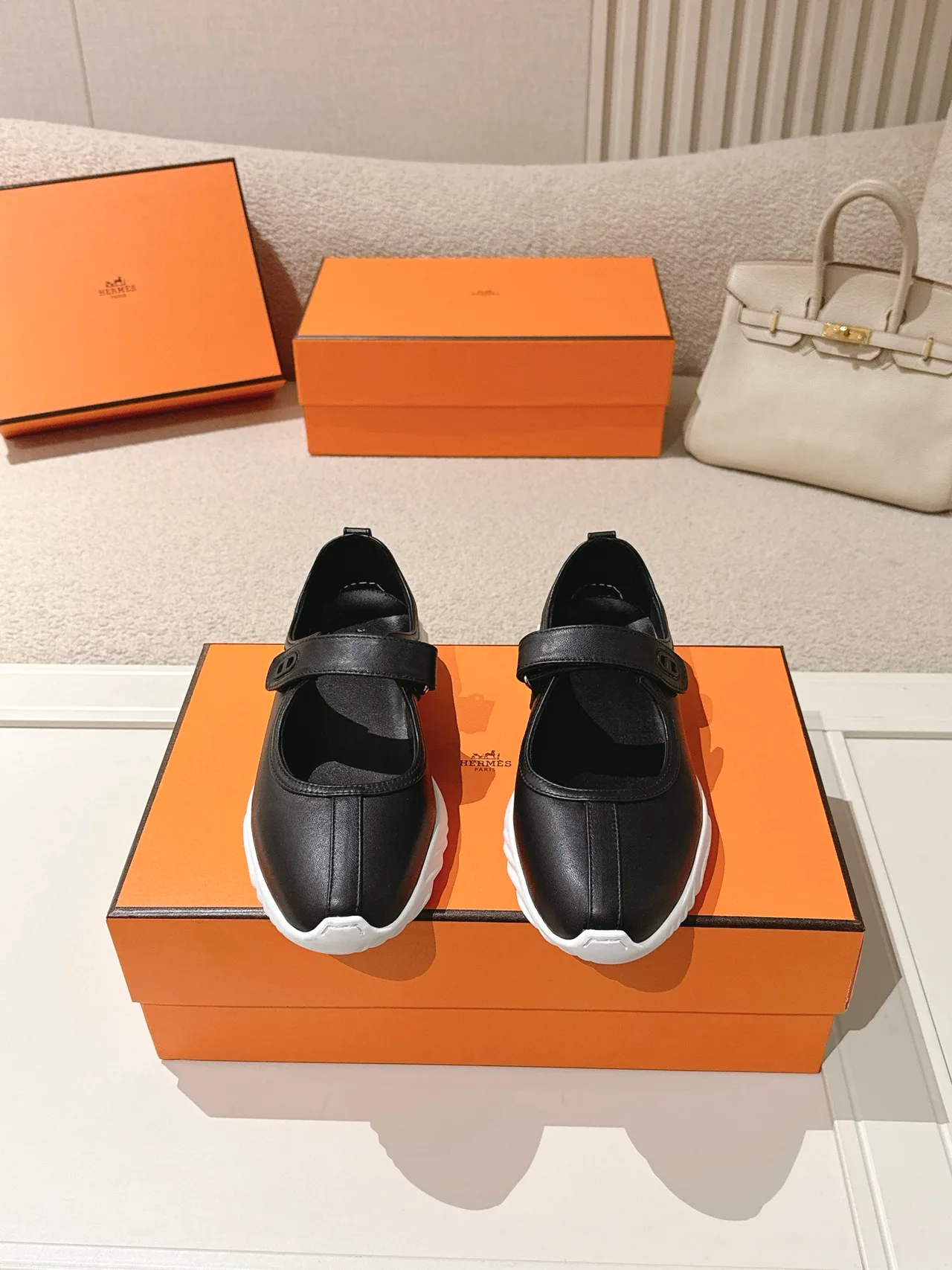 Hermes Lambskin Round-Toe Buckle Mary Jane Shoes in Black · view 1