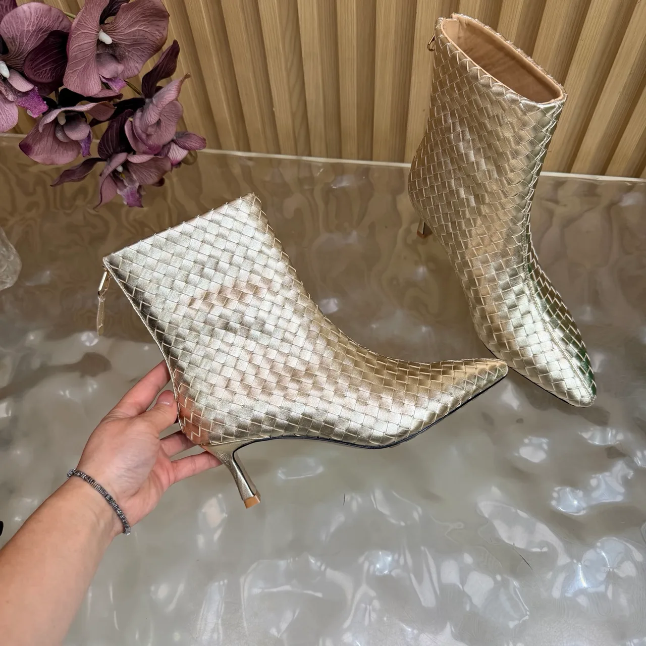 Bottega Veneta Woven Pointed-Toe Ankle Boots in Gold · view 7