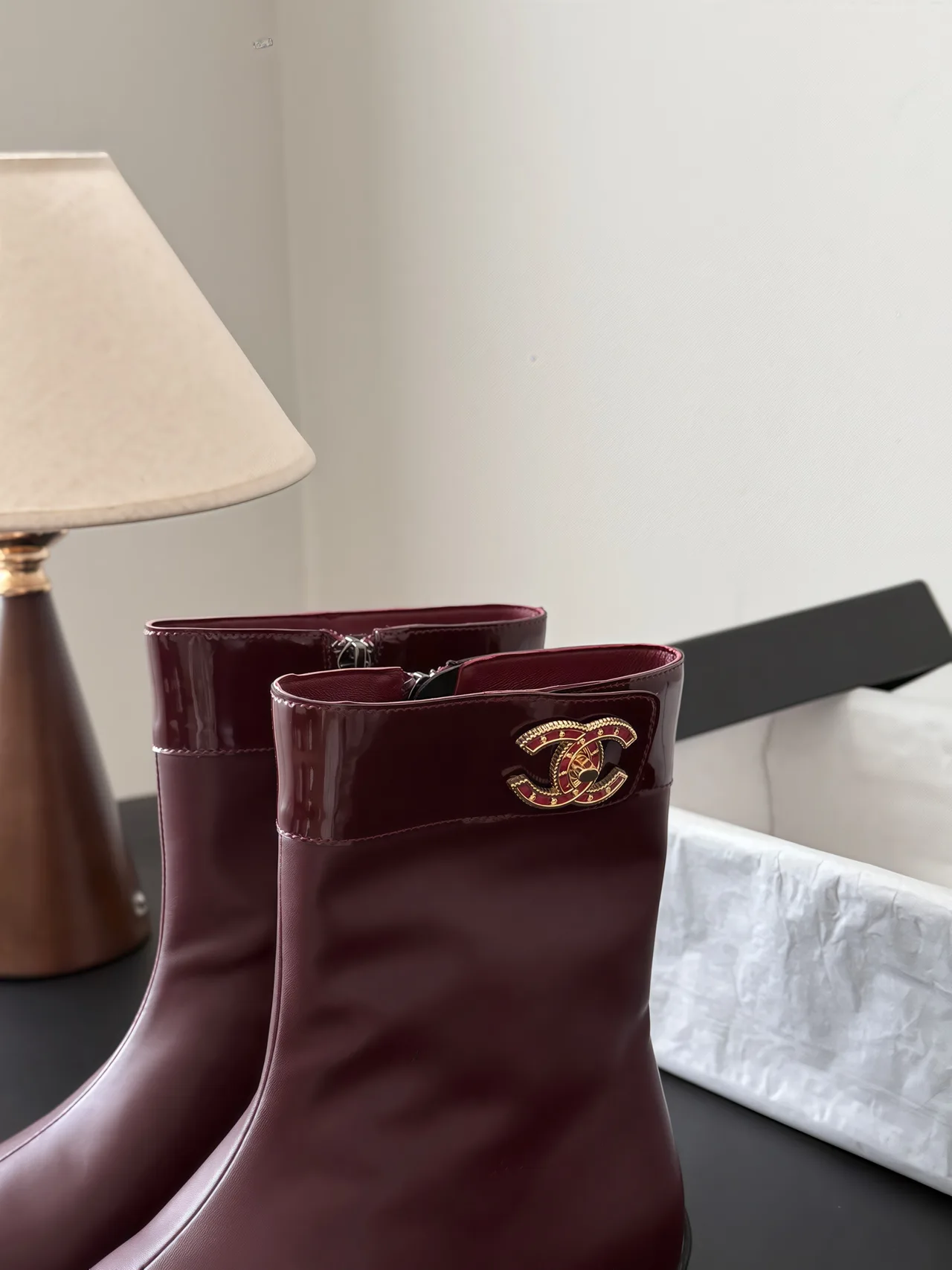 Chanel Cowhide Glossy Pointed-Toe Boots in Burgundy · view 6