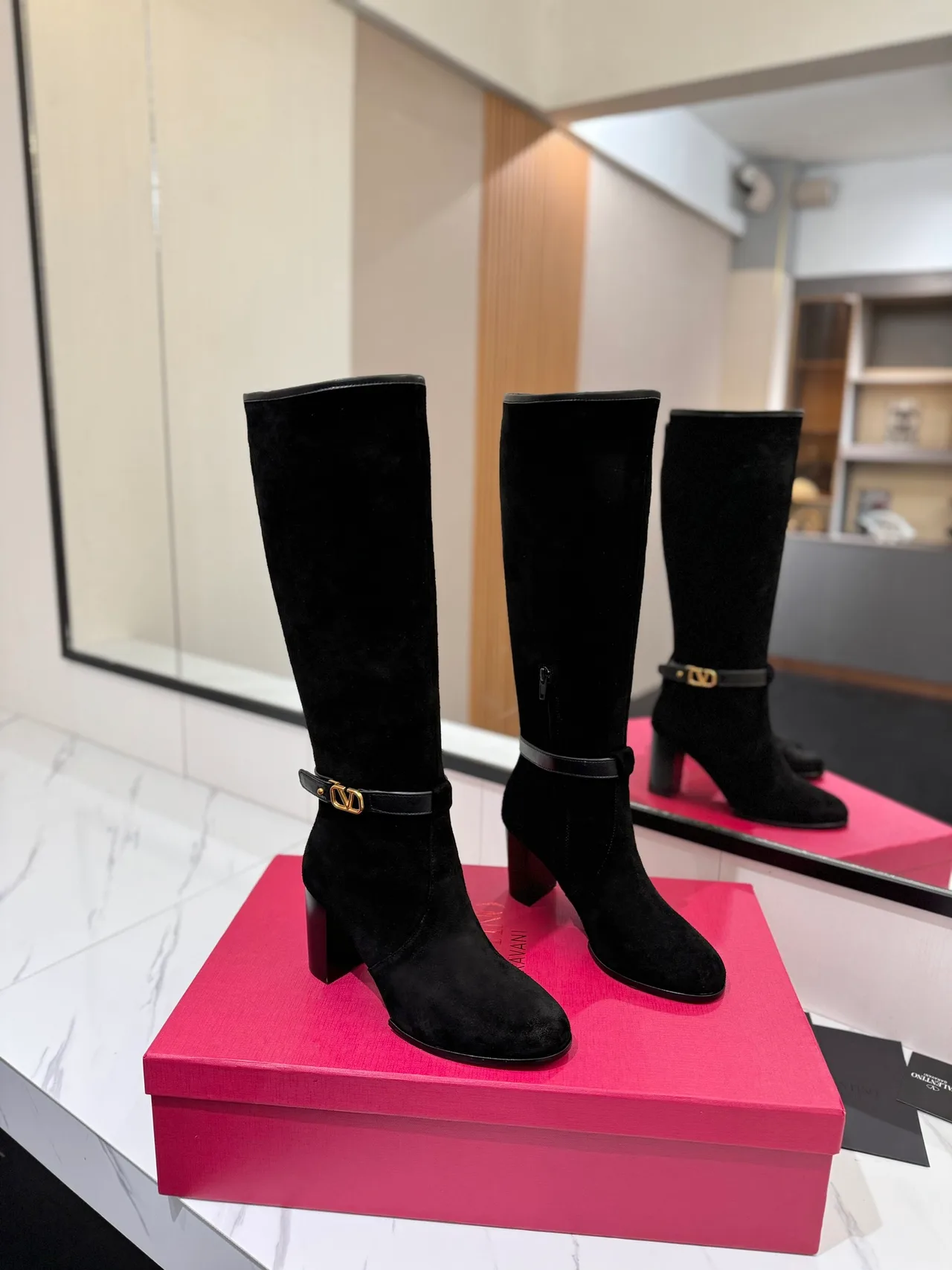 Valentino Calfskin Glossy Suede-Look Buckle Boots in Black · view 1