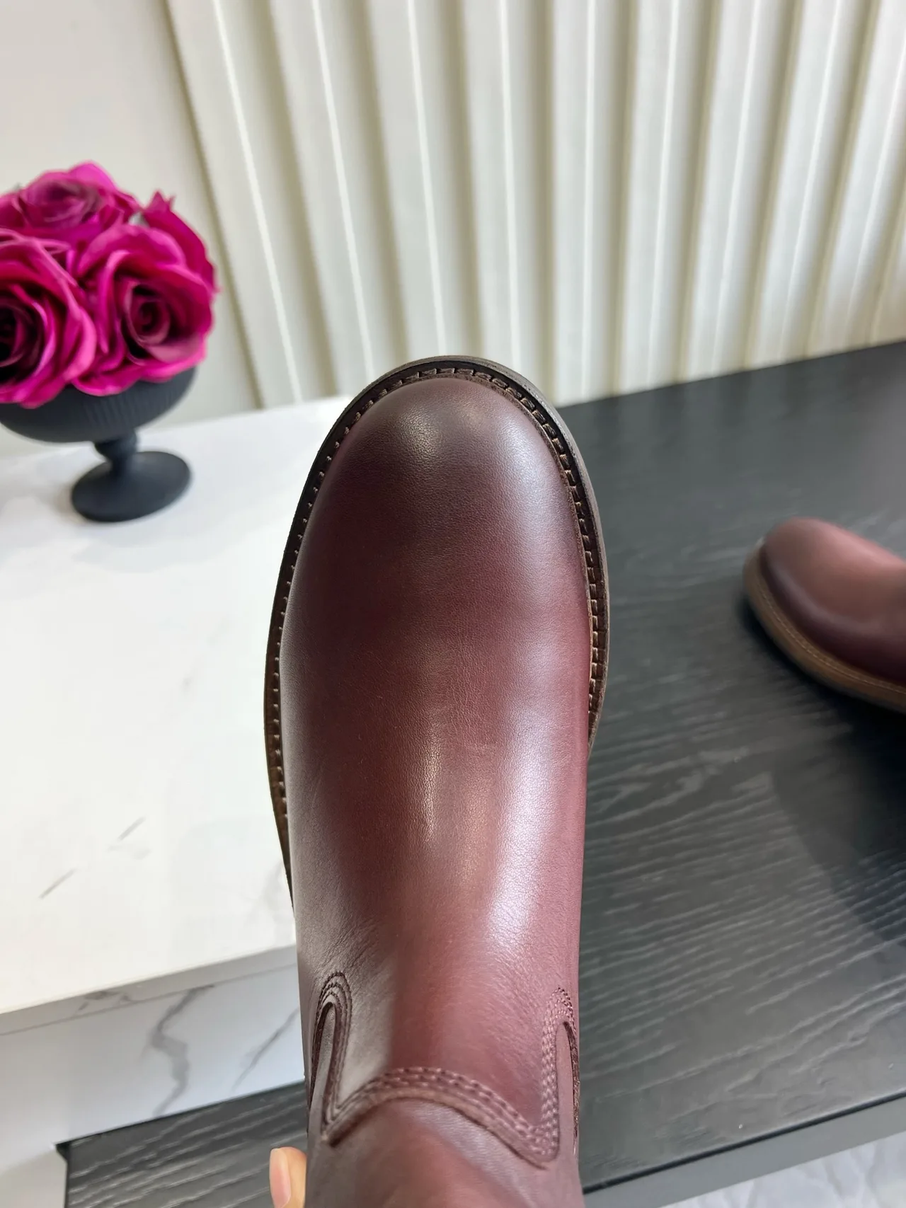 Miu Miu Cowhide Smooth Round-Toe Mid-Calf Boots in Burgundy · view 6