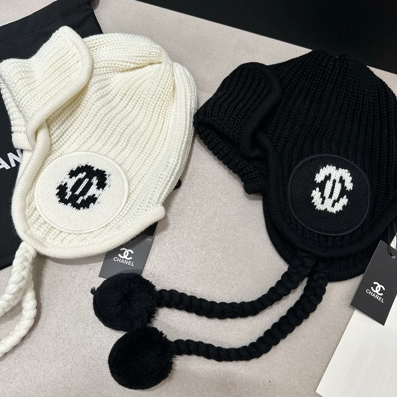 Chanel Earflap Knit Hat in Cream & Black · view 7