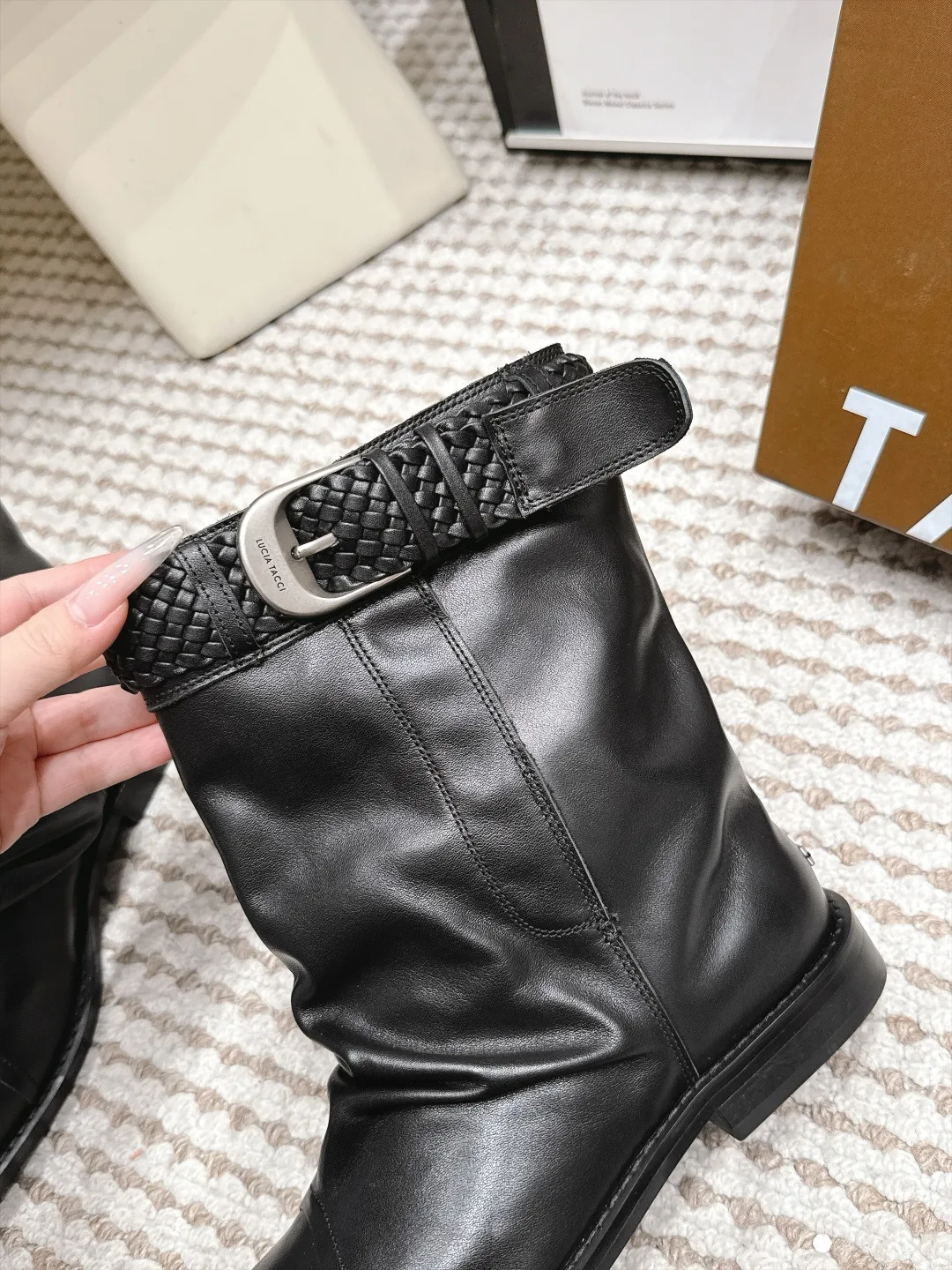 Loewe Woven Glossy Pointed-Toe Buckle Boots in Black · view 7