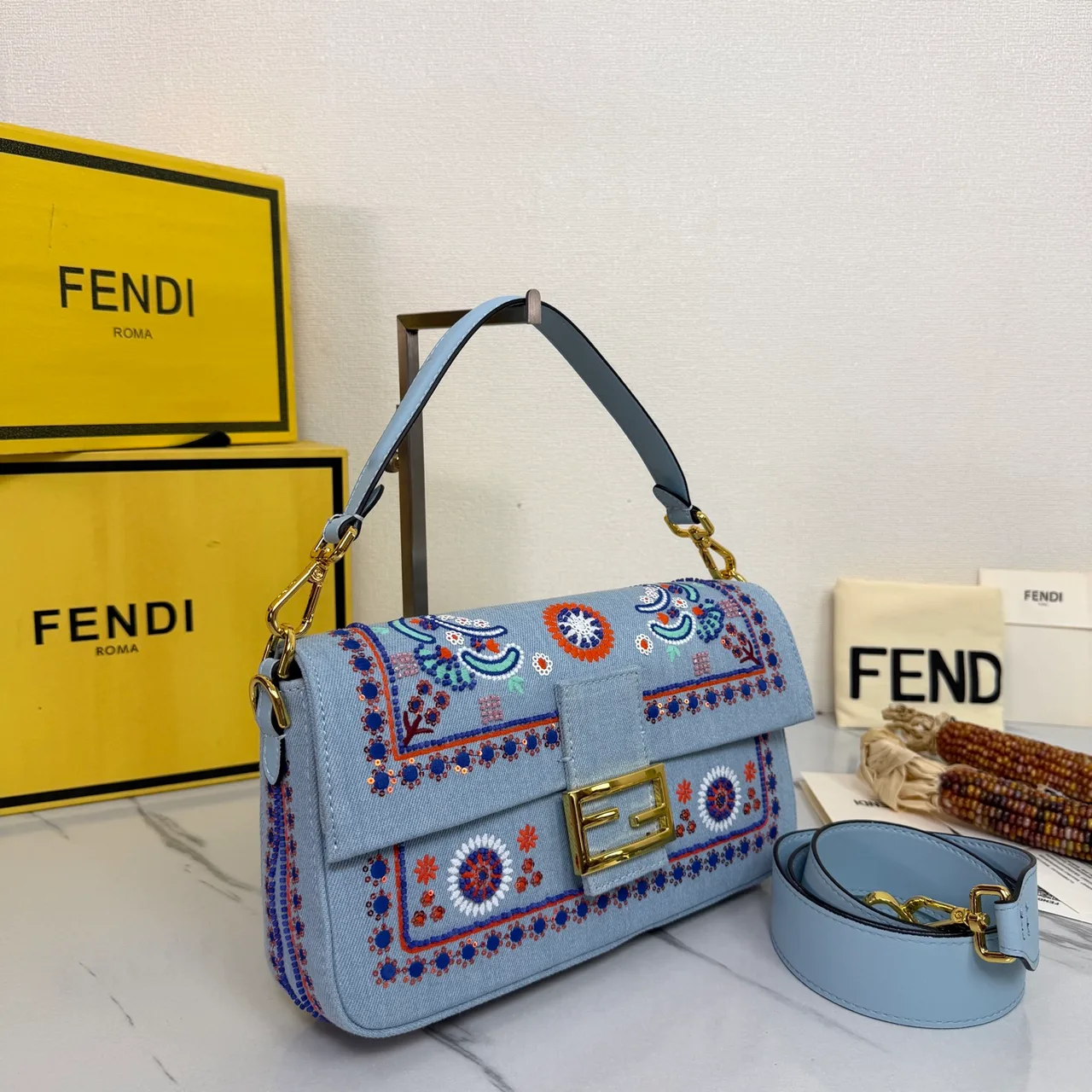 Fendi Baguette Embroidered Floral Flap Shoulder Bag in Blue · view 2