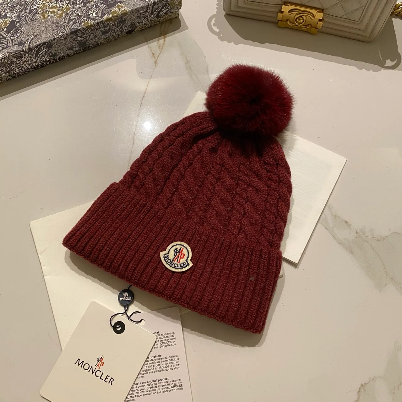 Moncler Pom-Pom Beanie in Black & White & Cream & Tan & Grey & Burgundy & Brown · view 6