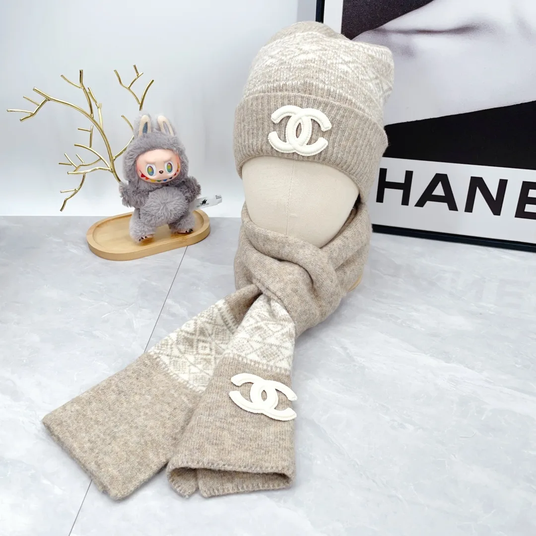 Chanel 50% Wool 50% Acrylic Ribbed Beanie, Scarf and Gloves Set in Beige · view 2