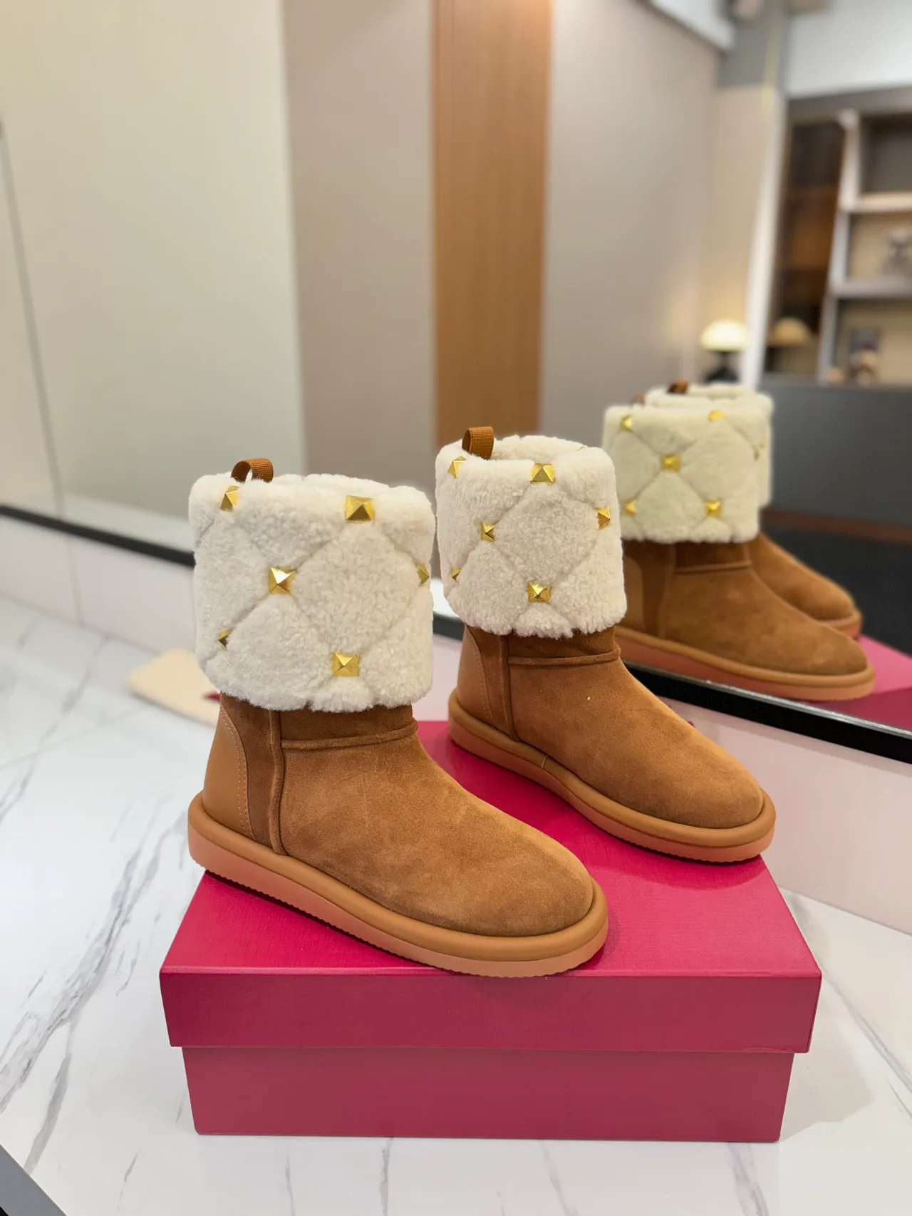 Valentino Quilted Suede-Look Boots in Tan · view 1