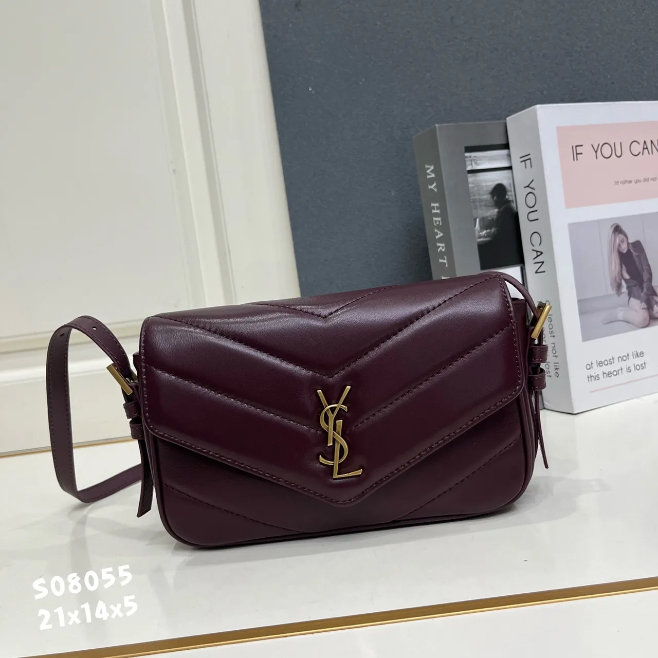 Saint Laurent Sheepskin Quilted Glossy Crossbody Bag in Burgundy · view 1
