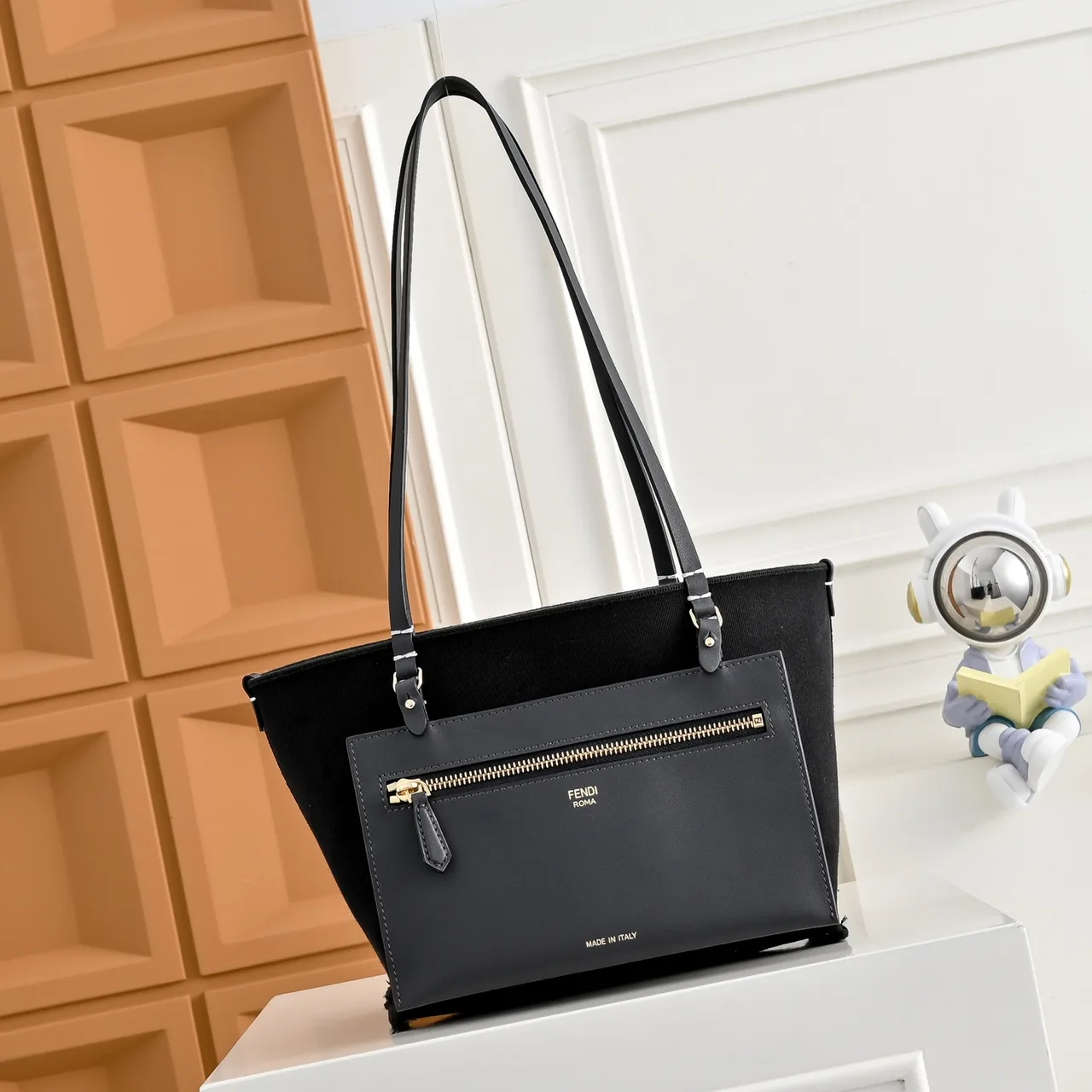 Fendi FF Monogram Front-Pocket Shopper Tote in Black · view 2