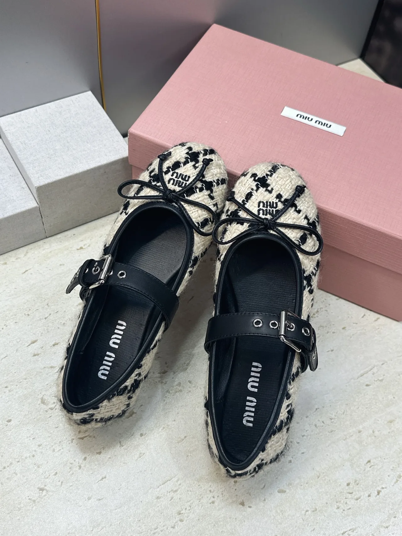 Miu Miu Calfskin Check Square-Toe Round-Toe Mary Jane Flats in Black · view 4