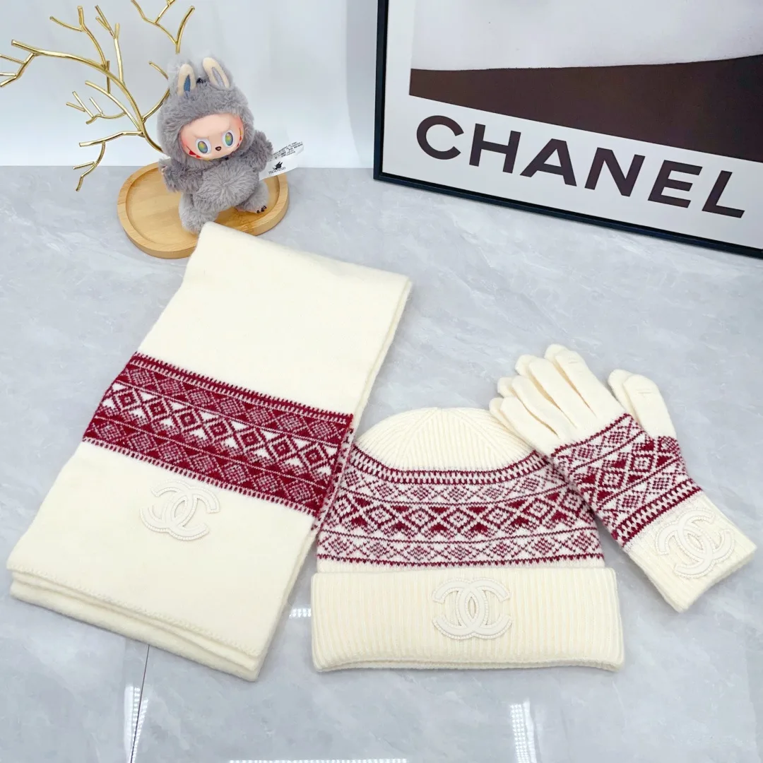 Chanel Wool Hat Scarf and Gloves Set in White · view 1