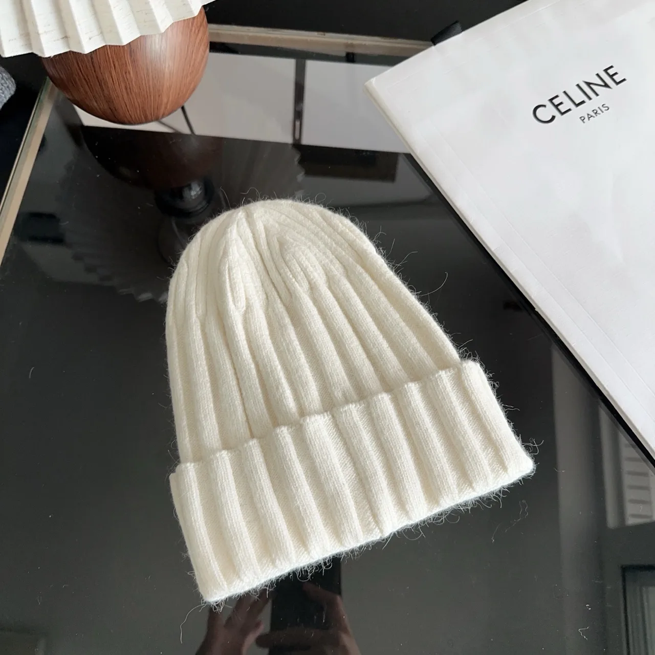 Celine Ribbed Beanie in Cream · view 6