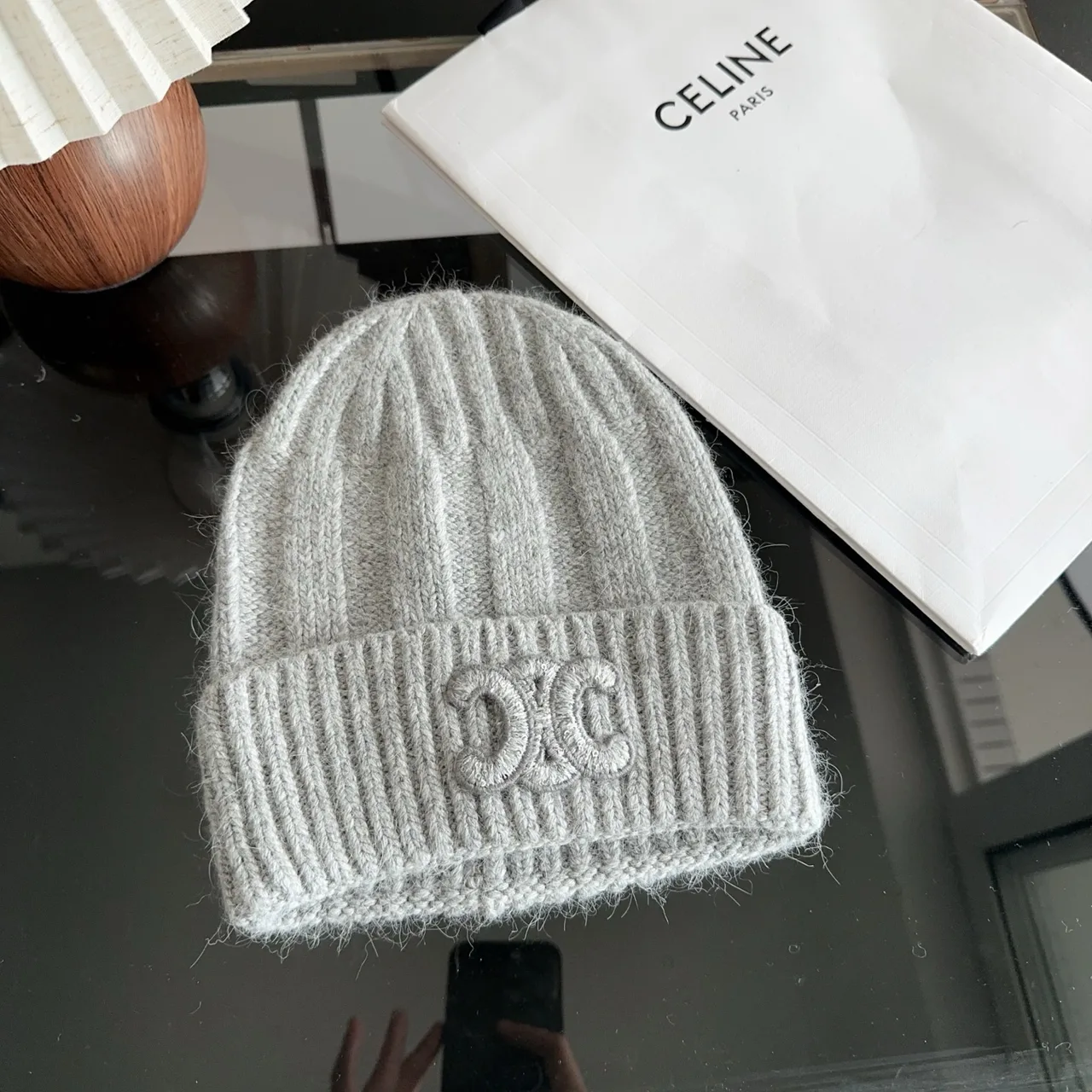 Celine Ribbed Embroidered Beanie in Grey · view 4