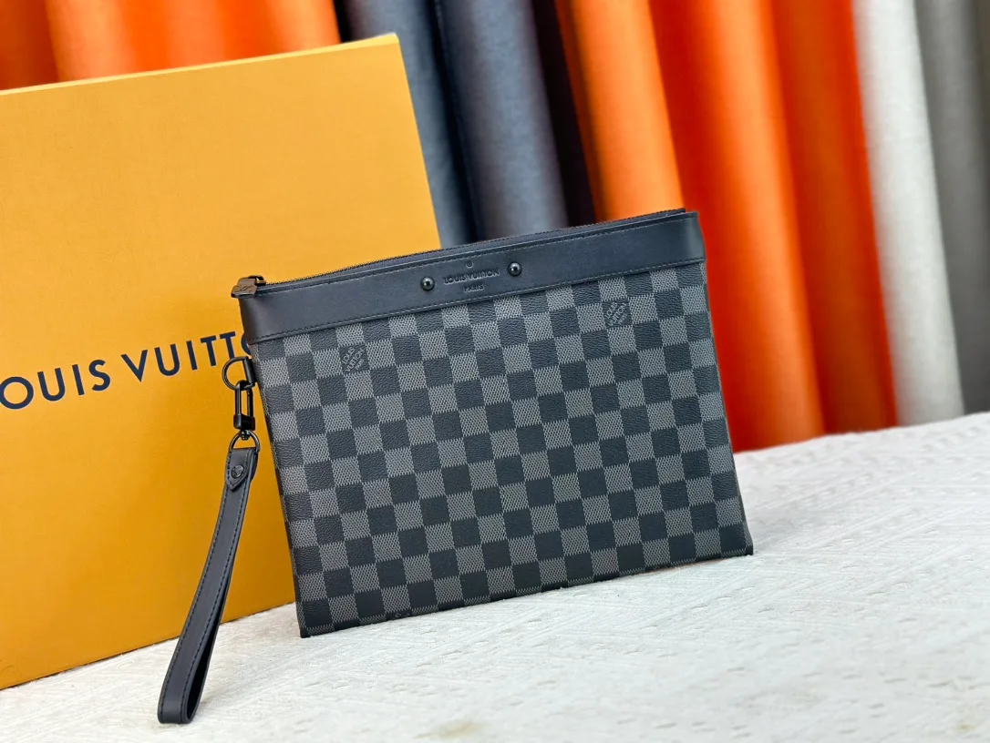 Louis Vuitton Canvas Check Damier Wristlet Pouch in Black · view 1