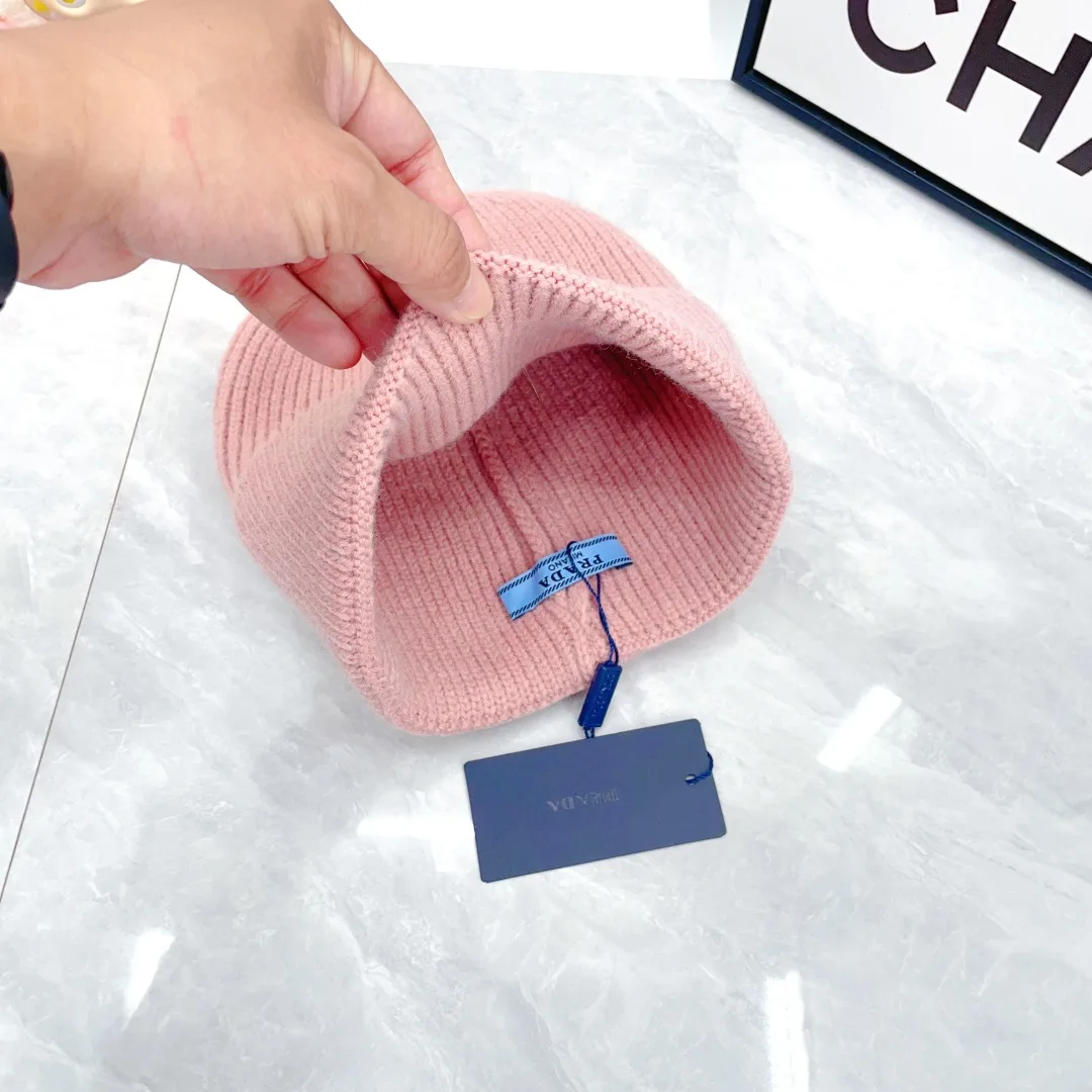 Prada Wool Triangle Logo Knit Beanie in Pink · view 7