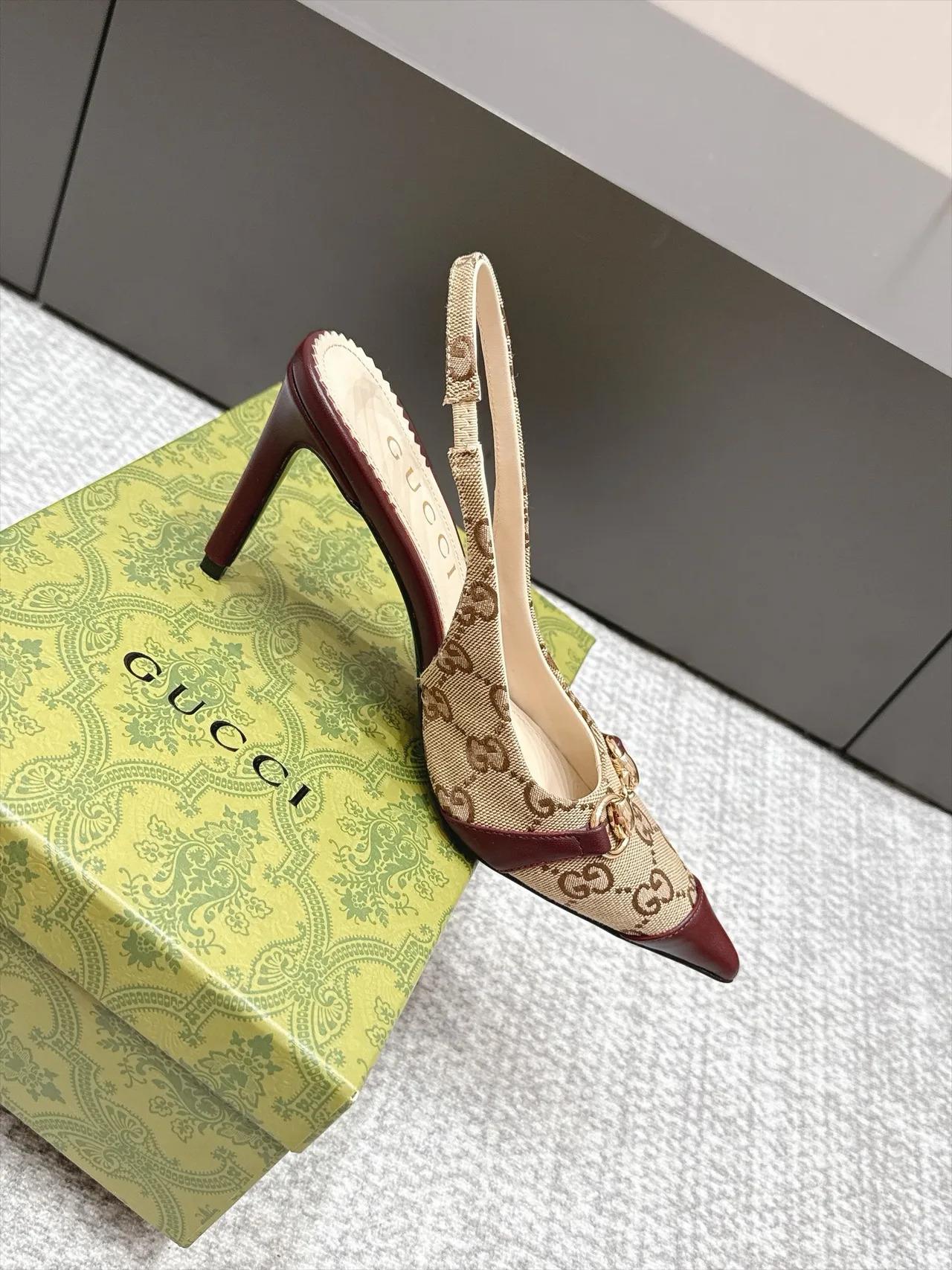 Gucci Glossy Pointed-Toe Monogram Slingback Pumps in Beige · view 5