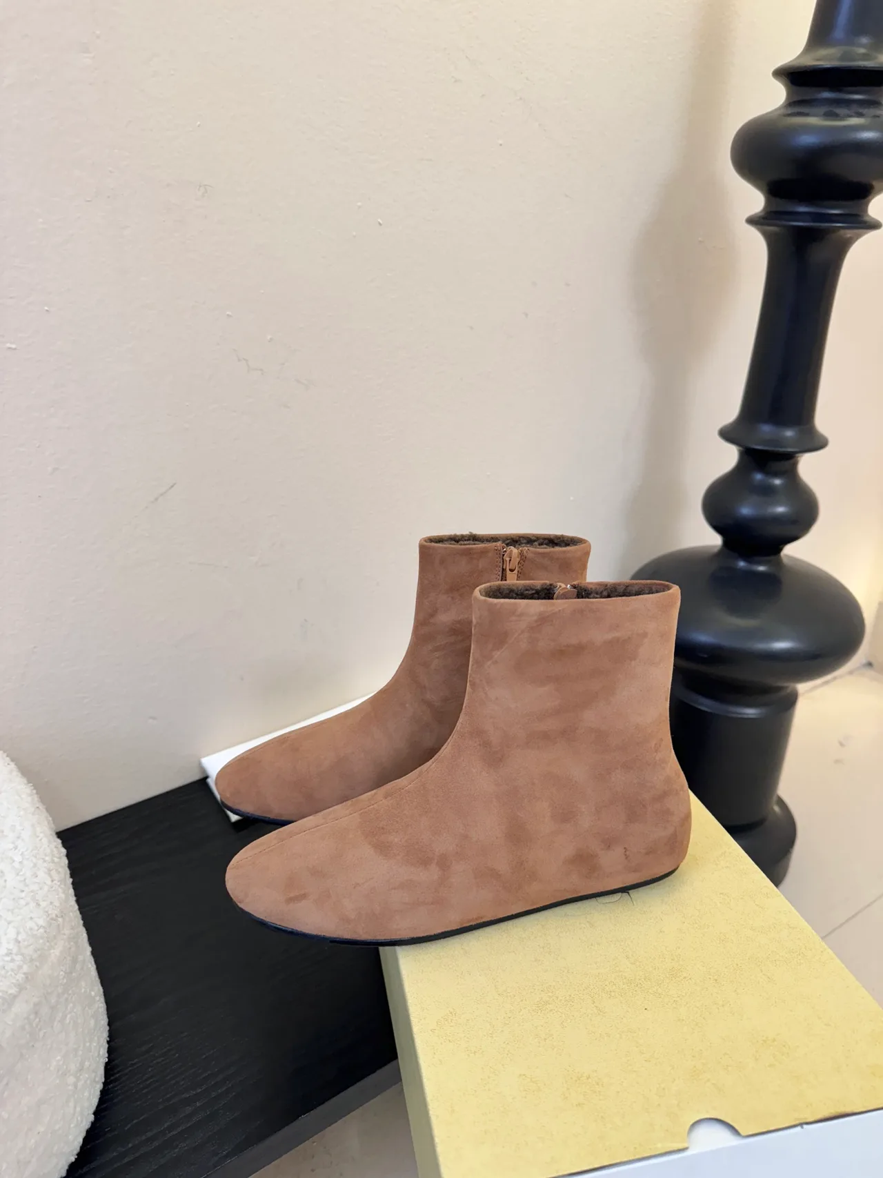 The Row Glossy Suede-Look Round-Toe Shearling Ankle Boots in Grey · view 5