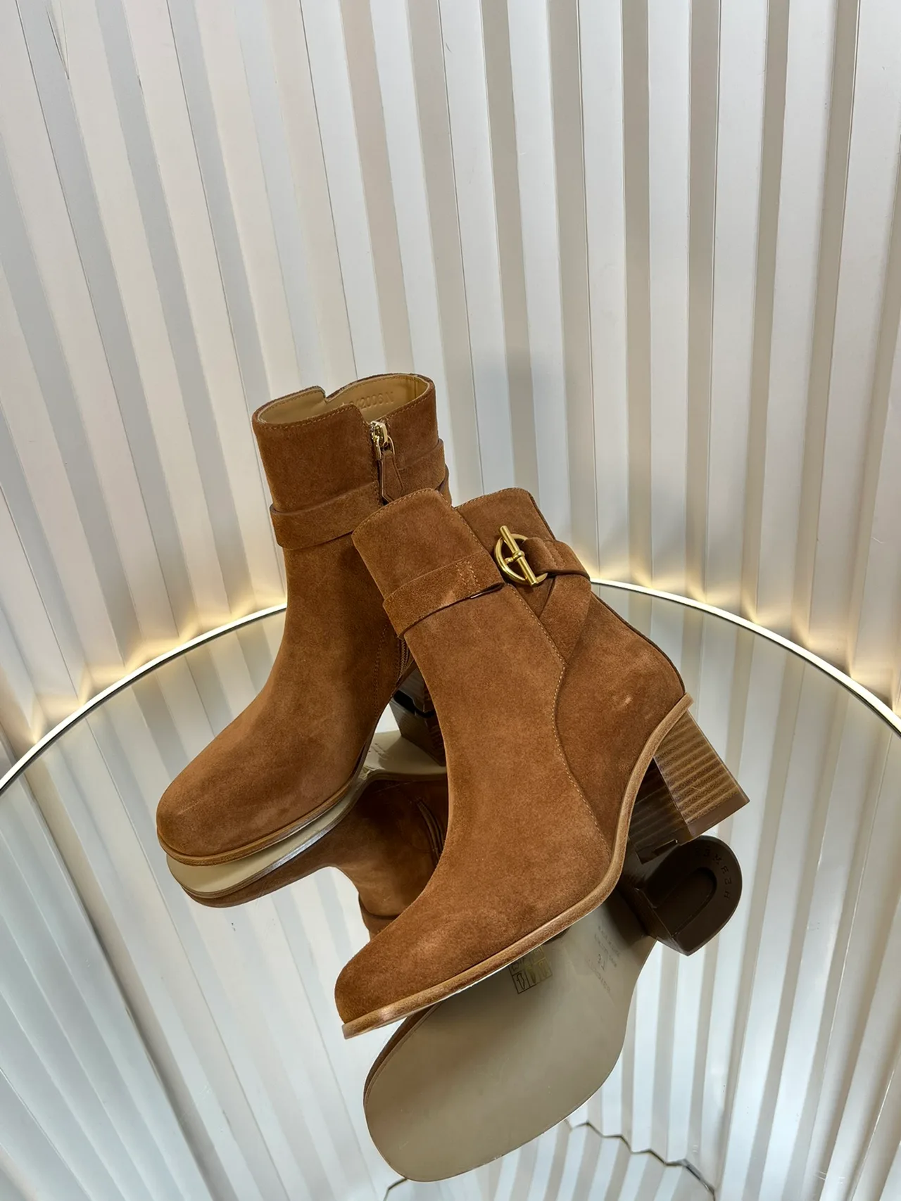 Hermes Calfskin Suede-Look Round-Toe Buckle Ankle Boots in Brown · view 5