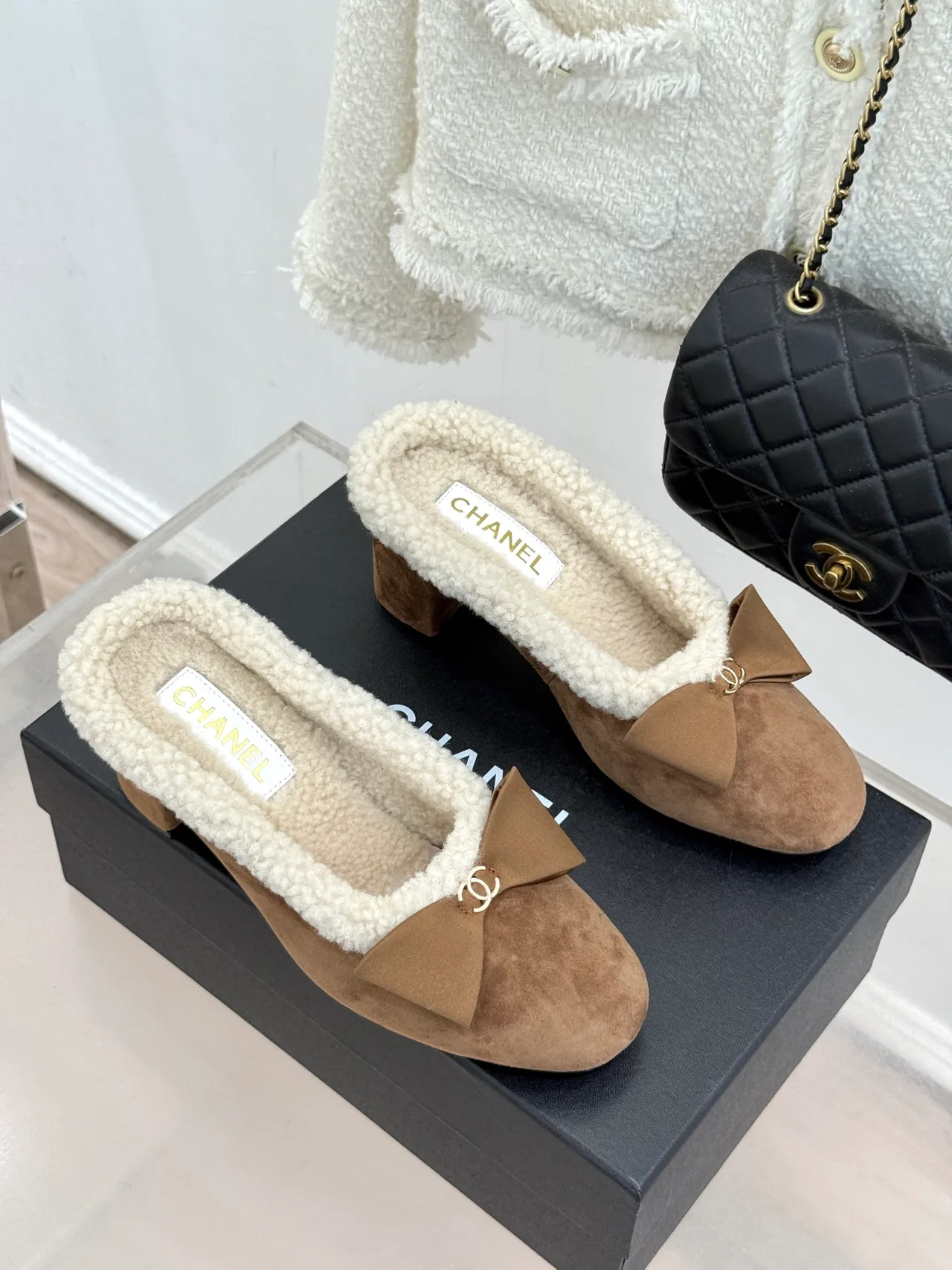 Chanel Suede-Look Bow Mules in Brown · view 3